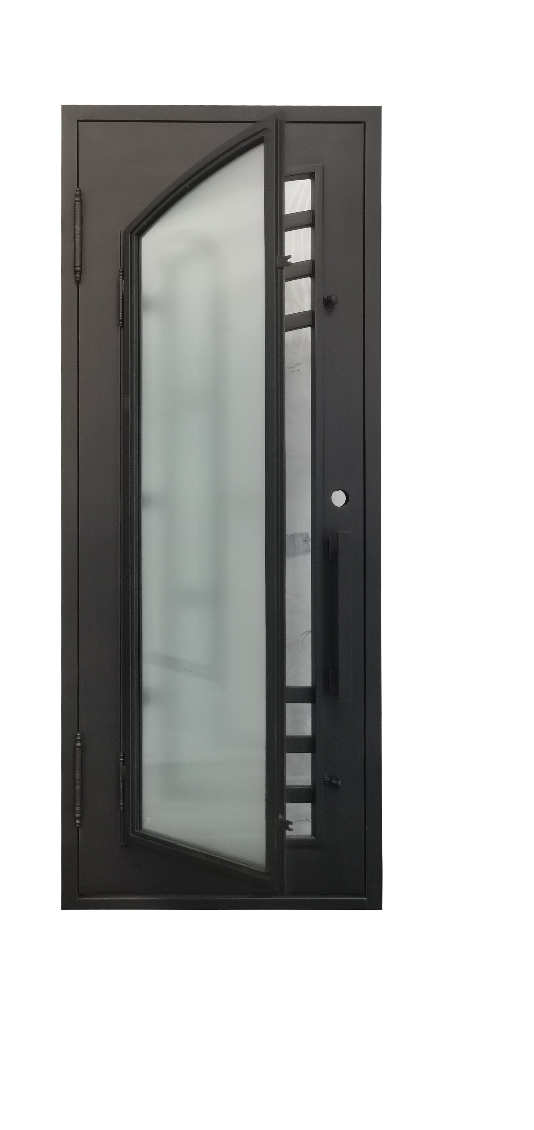 Belton Model Pre Hung Single Front Entry Wrought Iron Door With Frosted Glass Dark Bronze Finish