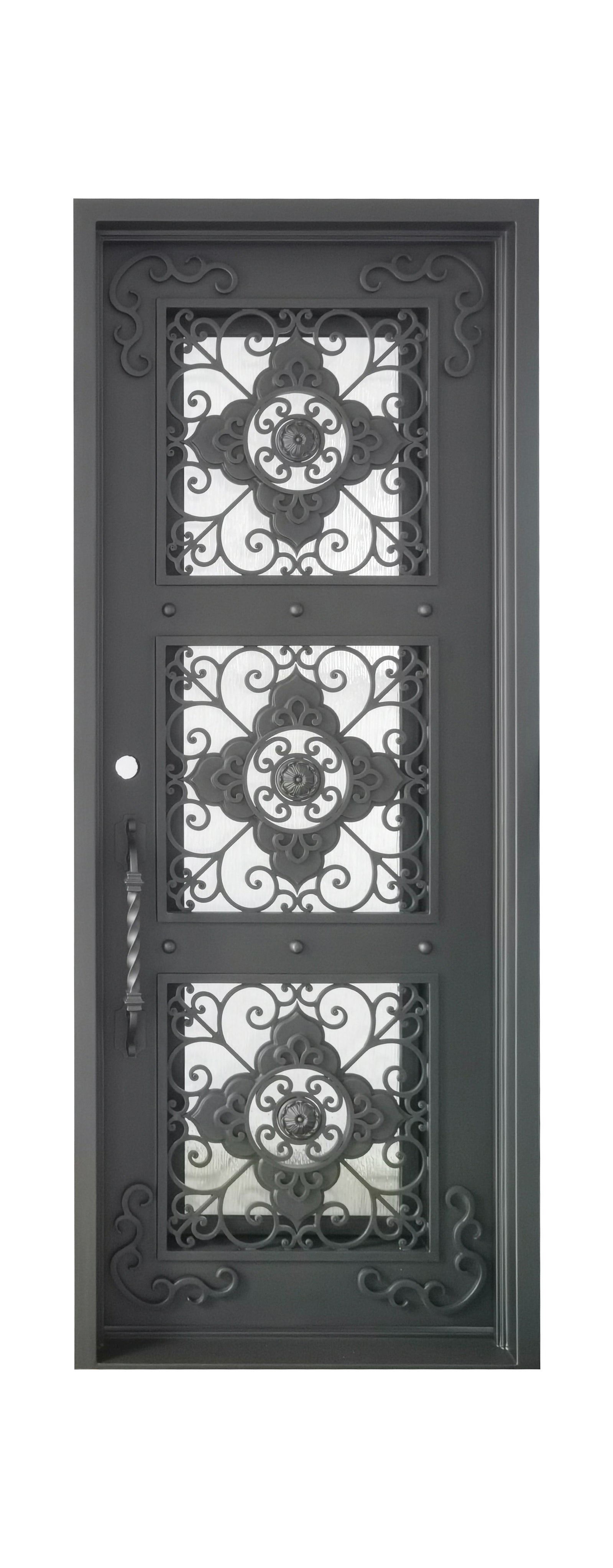 Allen Model Pre Hung Single Front Entry Wrought Iron Door With Water Rain Glass Dark Bronze Finish