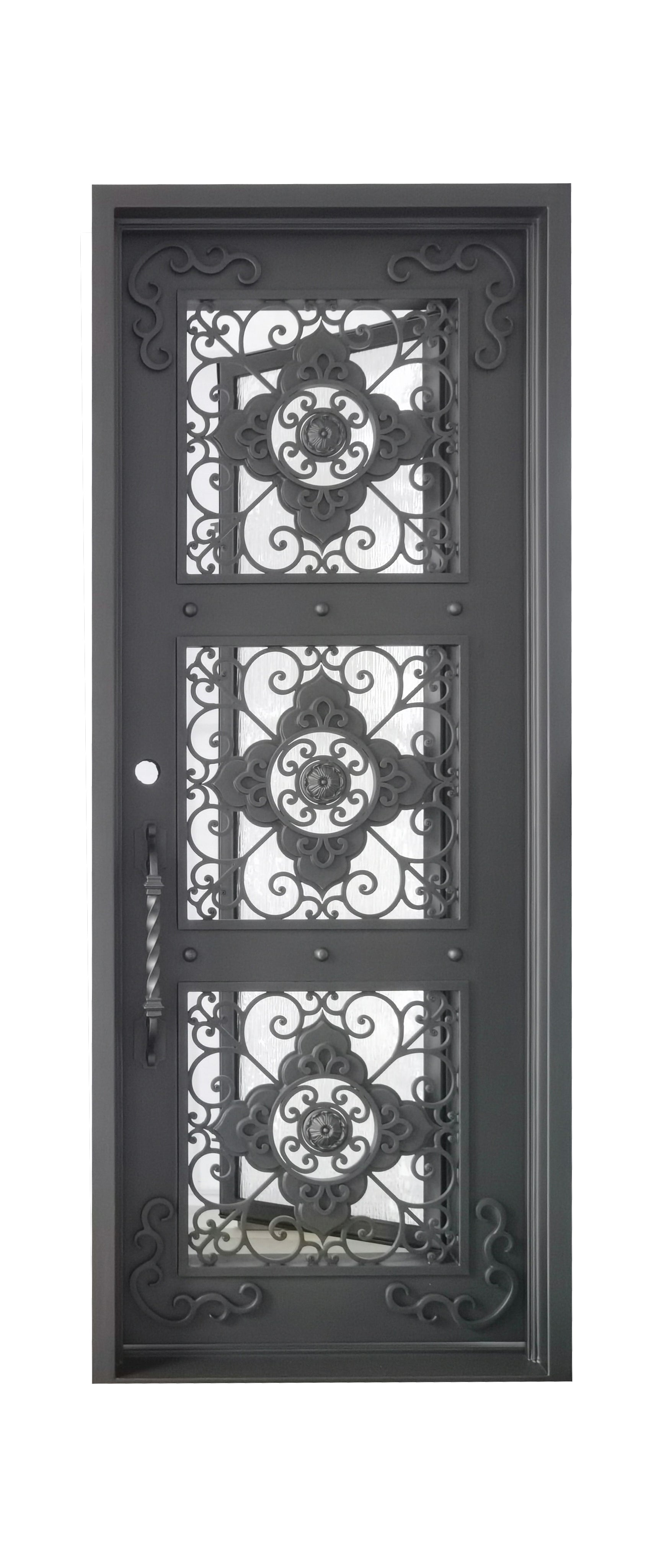 Allen Model Pre Hung Single Front Entry Wrought Iron Door With Water Rain Glass Dark Bronze Finish