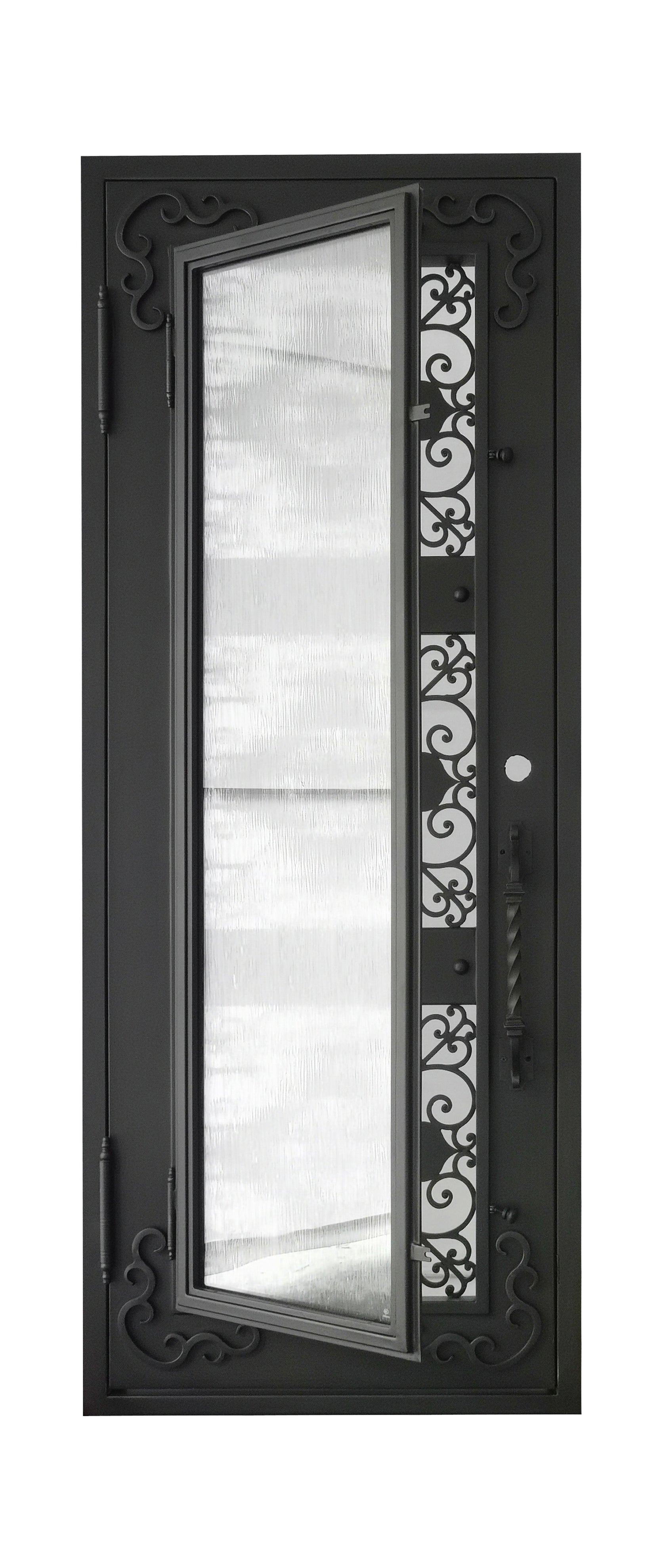 Allen Model Pre Hung Single Front Entry Wrought Iron Door With Water Rain Glass Dark Bronze Finish