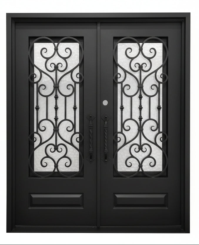 Bellmead Model Double Front Entry Iron Door With Tempered Water Cube Glass Dark Bronze Finish - AAWAIZ IMPORTS