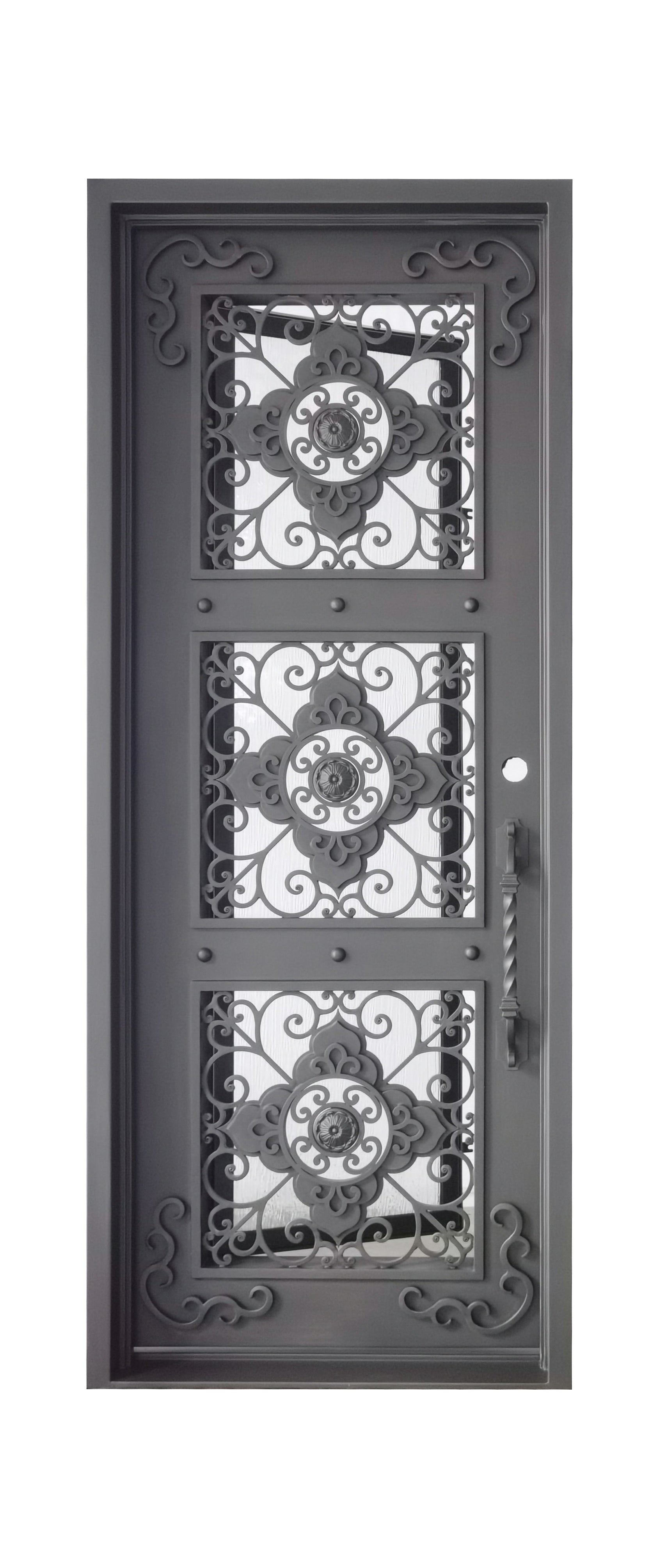 Allen Model Pre Hung Single Front Entry Wrought Iron Door With Water Rain Glass Dark Bronze Finish