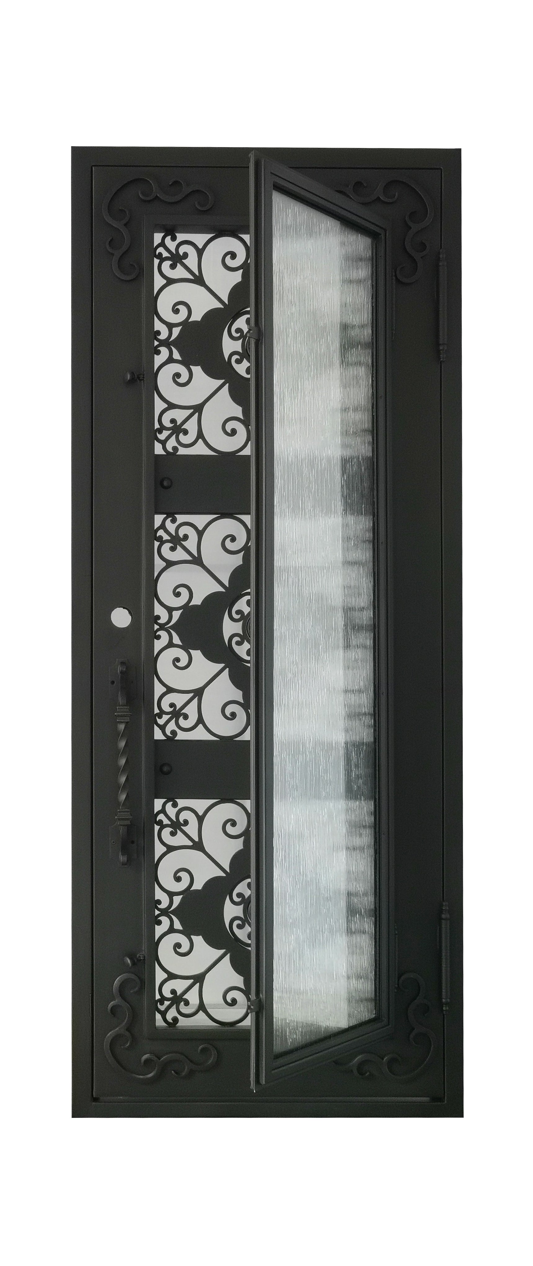 Allen Model Pre Hung Single Front Entry Wrought Iron Door With Water Rain Glass Dark Bronze Finish