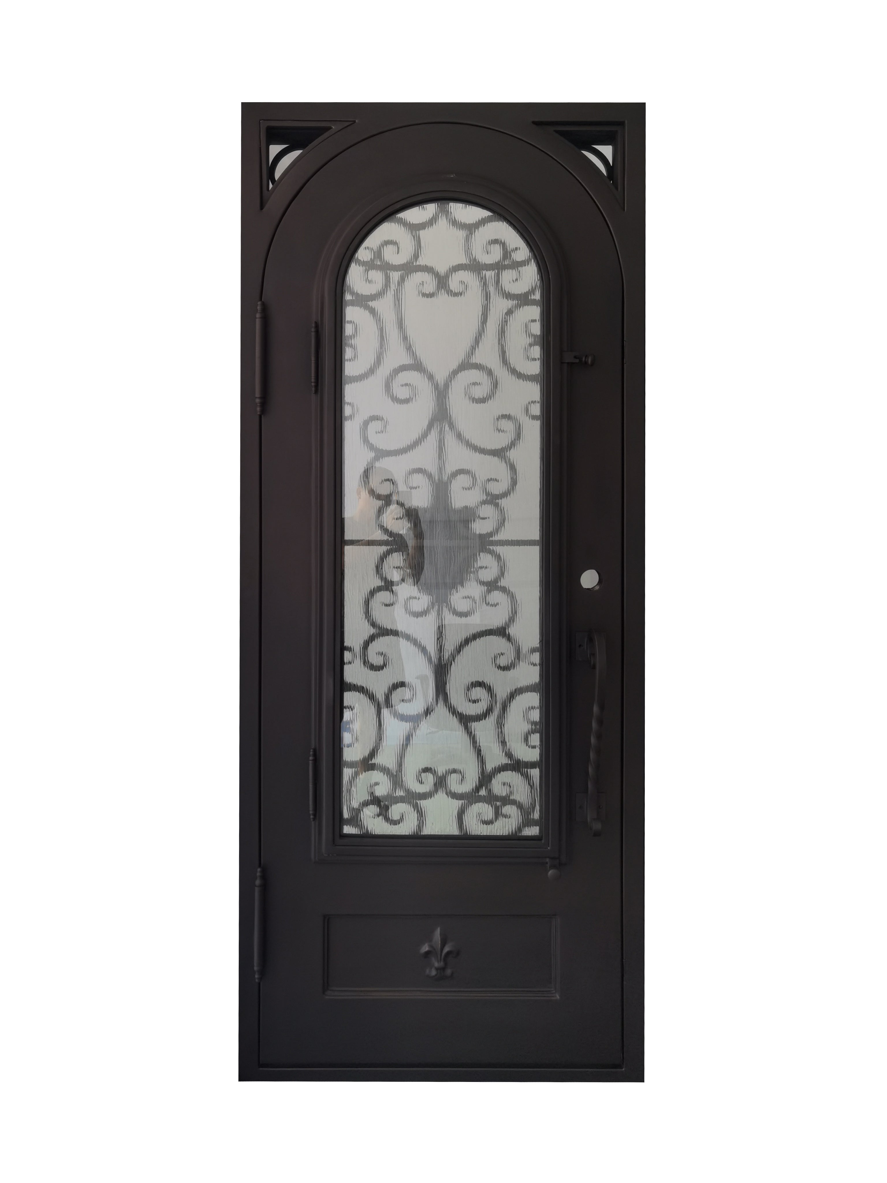 Coppell Pre Hung Single Front Entry Wrought Iron Door With Rain Glass Dark Bronze Finish