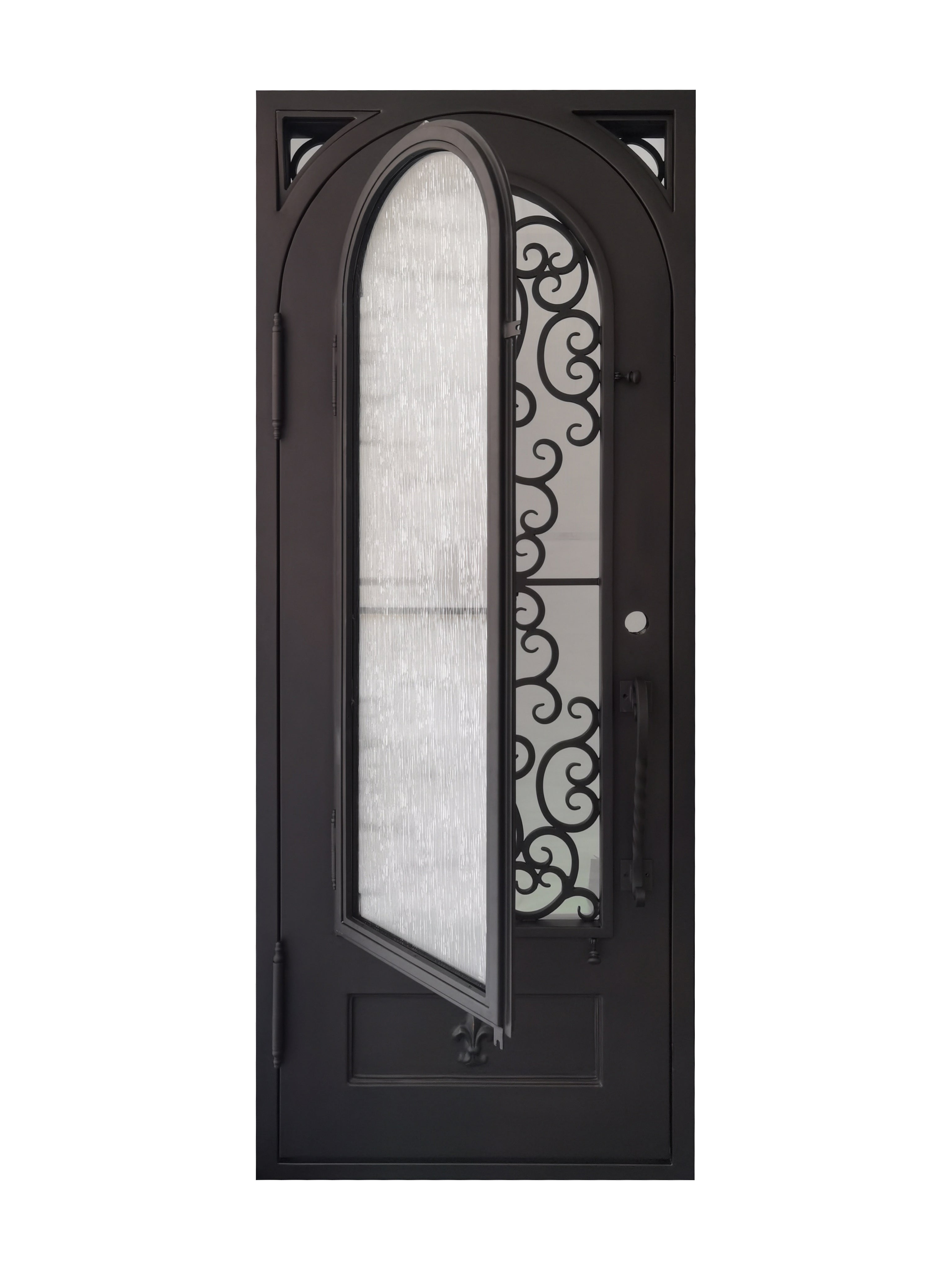 Coppell Pre Hung Single Front Entry Wrought Iron Door With Rain Glass Dark Bronze Finish