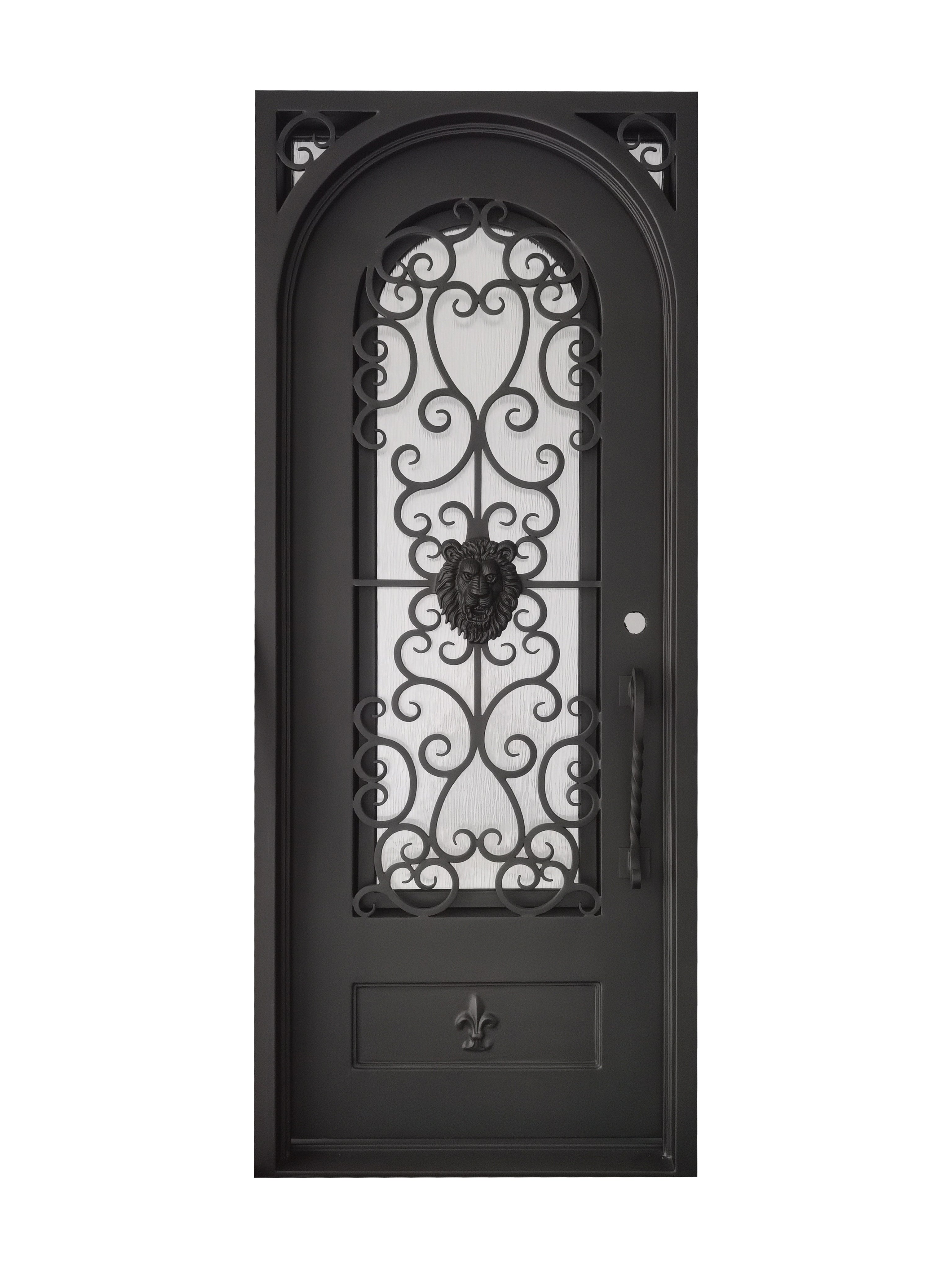 Coppell Pre Hung Single Front Entry Wrought Iron Door With Rain Glass Dark Bronze Finish