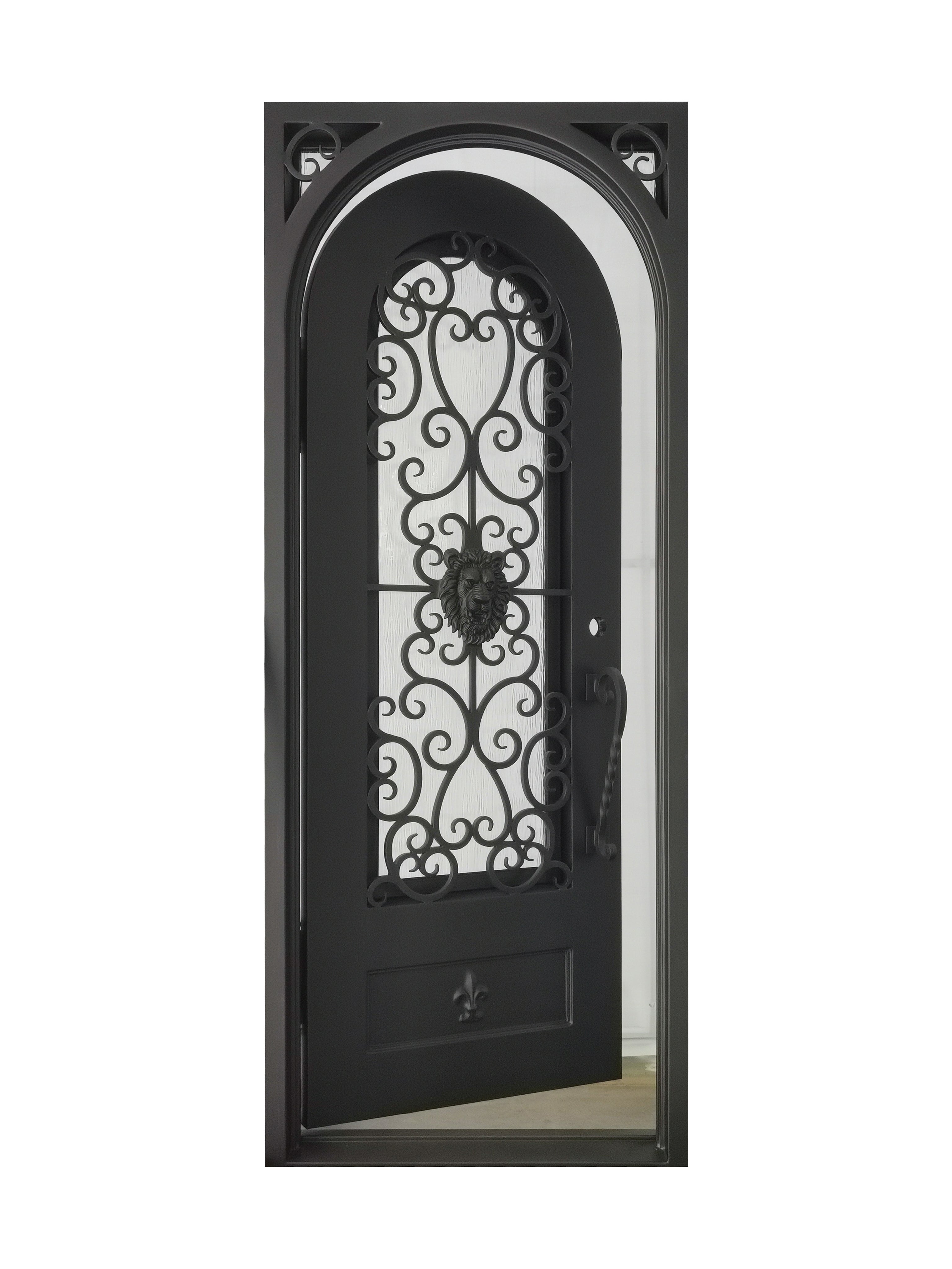Coppell Pre Hung Single Front Entry Wrought Iron Door With Rain Glass Dark Bronze Finish