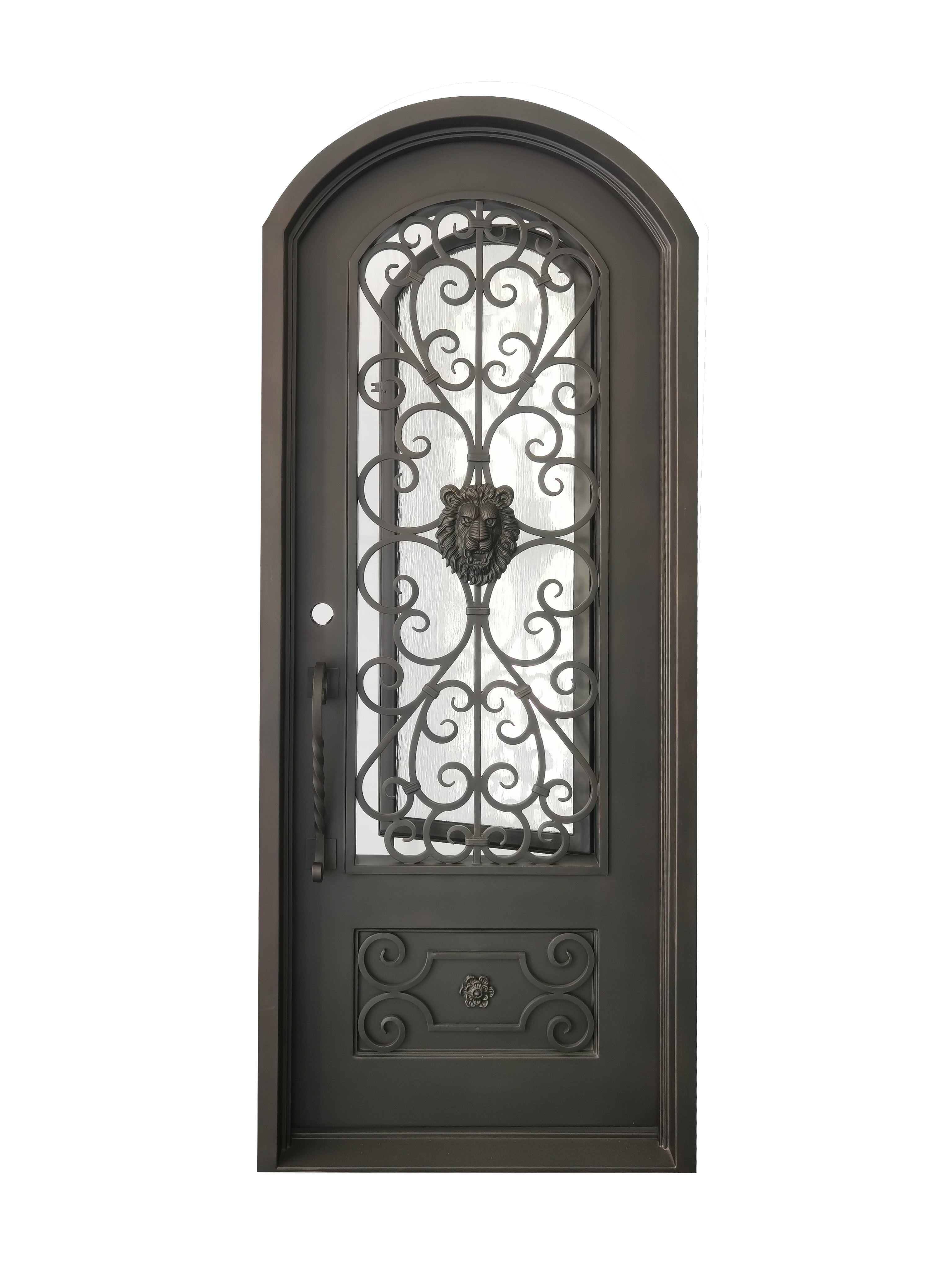 Princeton Model Pre Hung Single Front Entry Wrought Iron Door With Rain Glass Dark Bronze Finish