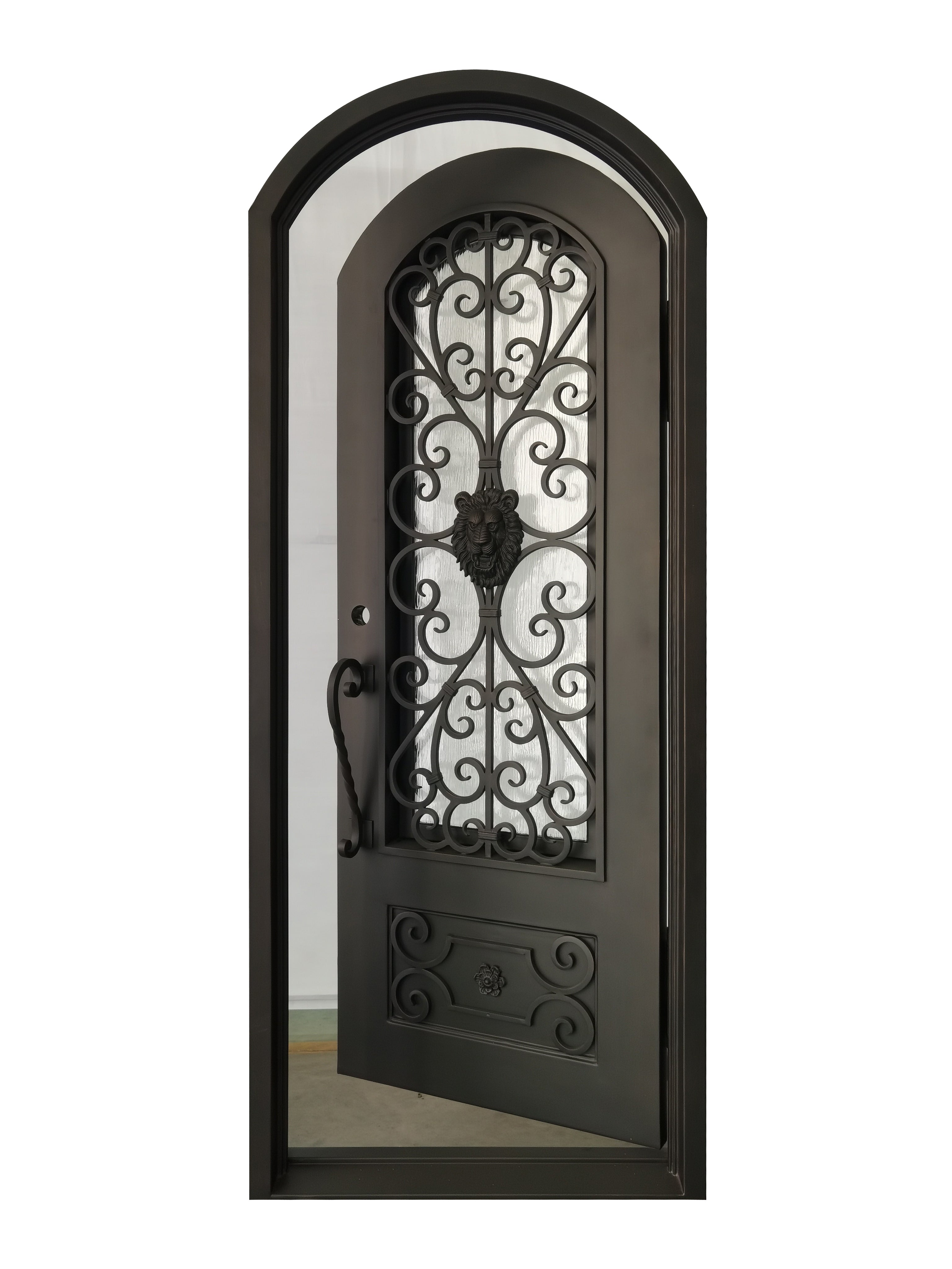 Princeton Model Pre Hung Single Front Entry Wrought Iron Door With Rain Glass Dark Bronze Finish