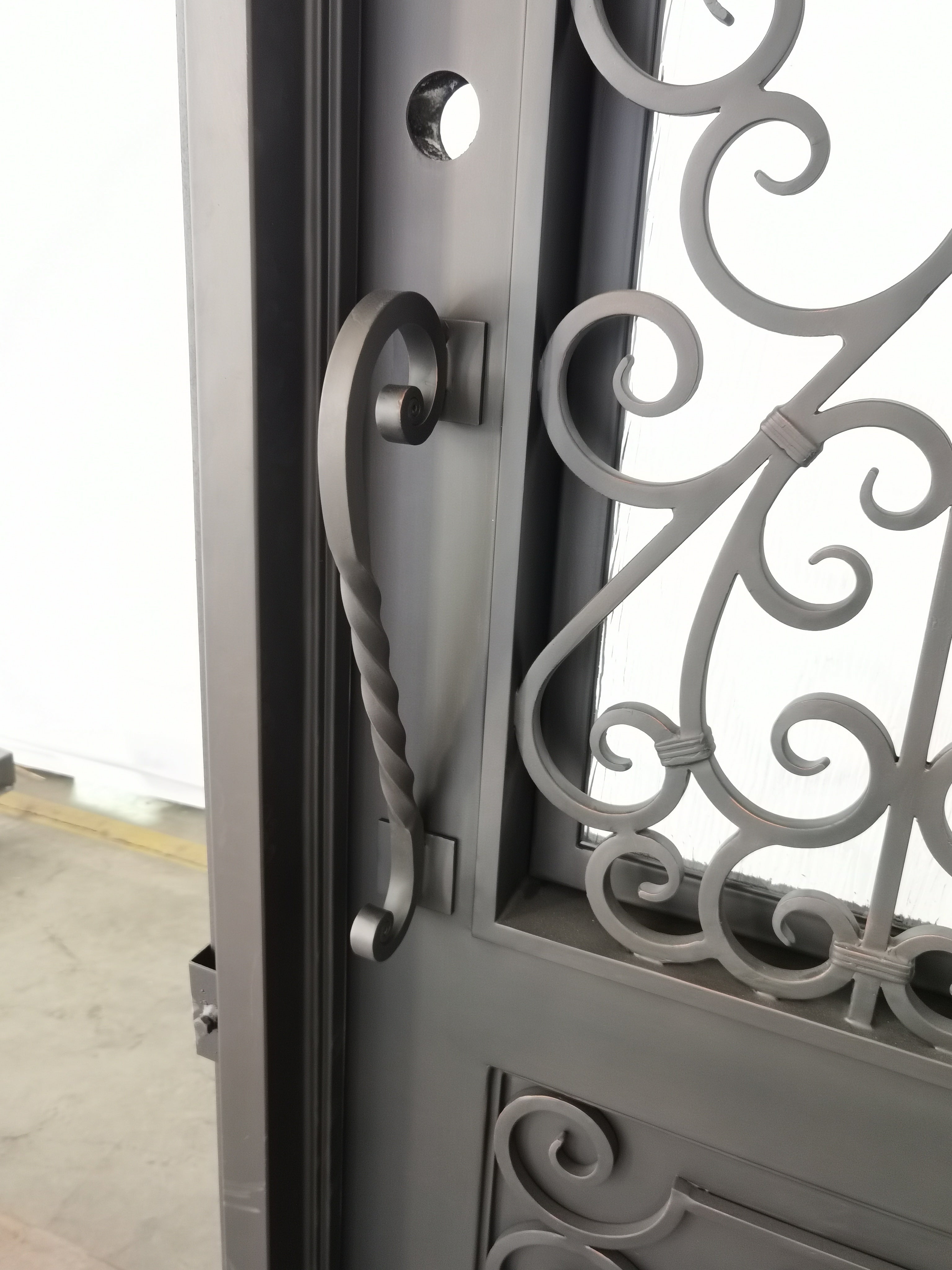 Princeton Model Pre Hung Single Front Entry Wrought Iron Door With Rain Glass Dark Bronze Finish