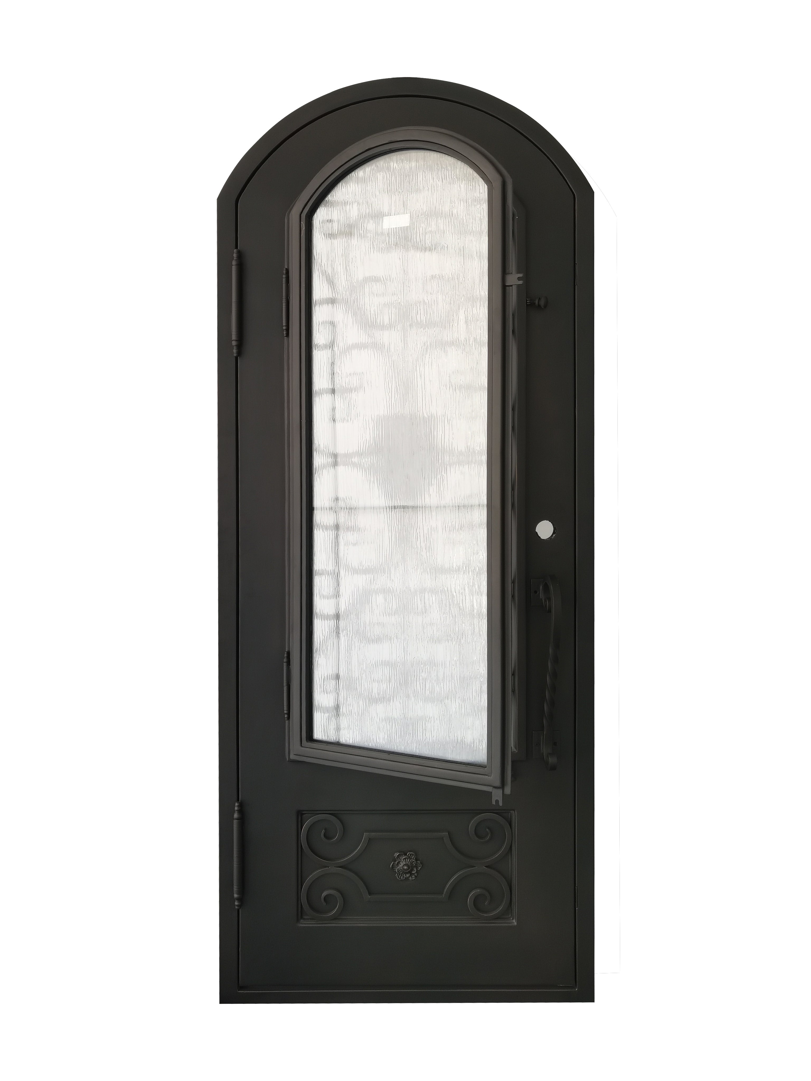 Princeton Model Pre Hung Single Front Entry Wrought Iron Door With Rain Glass Dark Bronze Finish