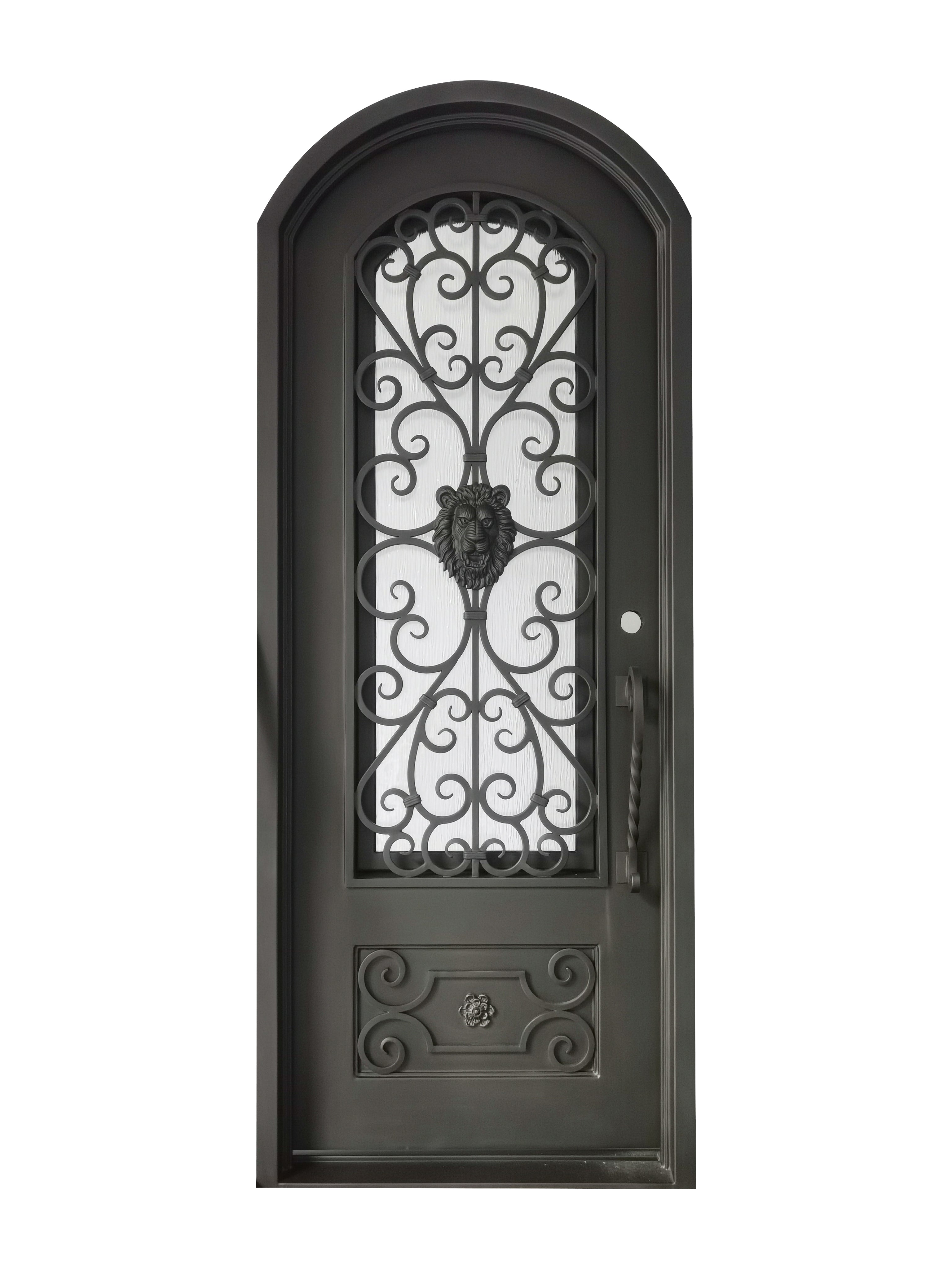 Princeton Model Pre Hung Single Front Entry Wrought Iron Door With Rain Glass Dark Bronze Finish
