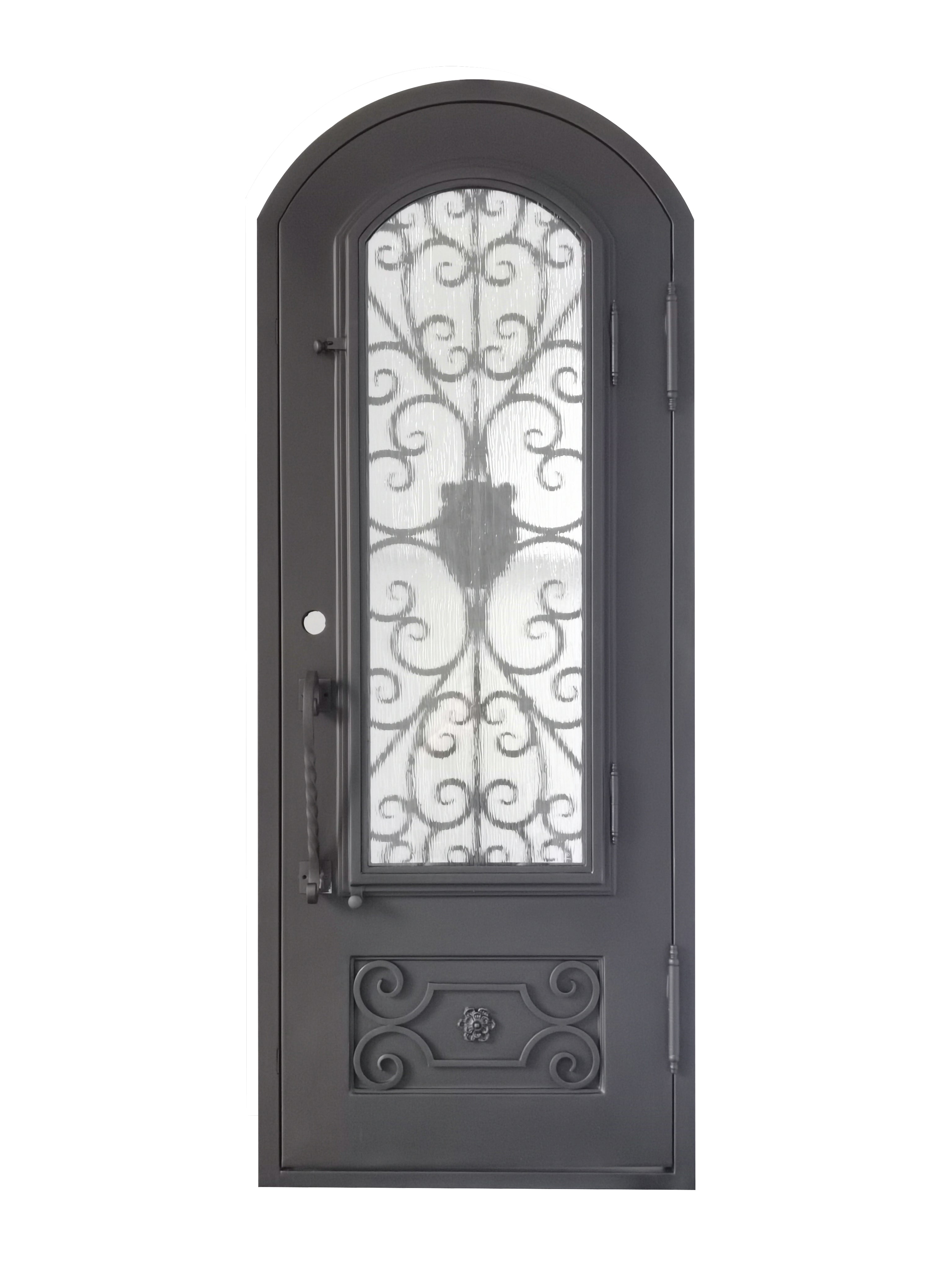 Princeton Model Pre Hung Single Front Entry Wrought Iron Door With Rain Glass Dark Bronze Finish