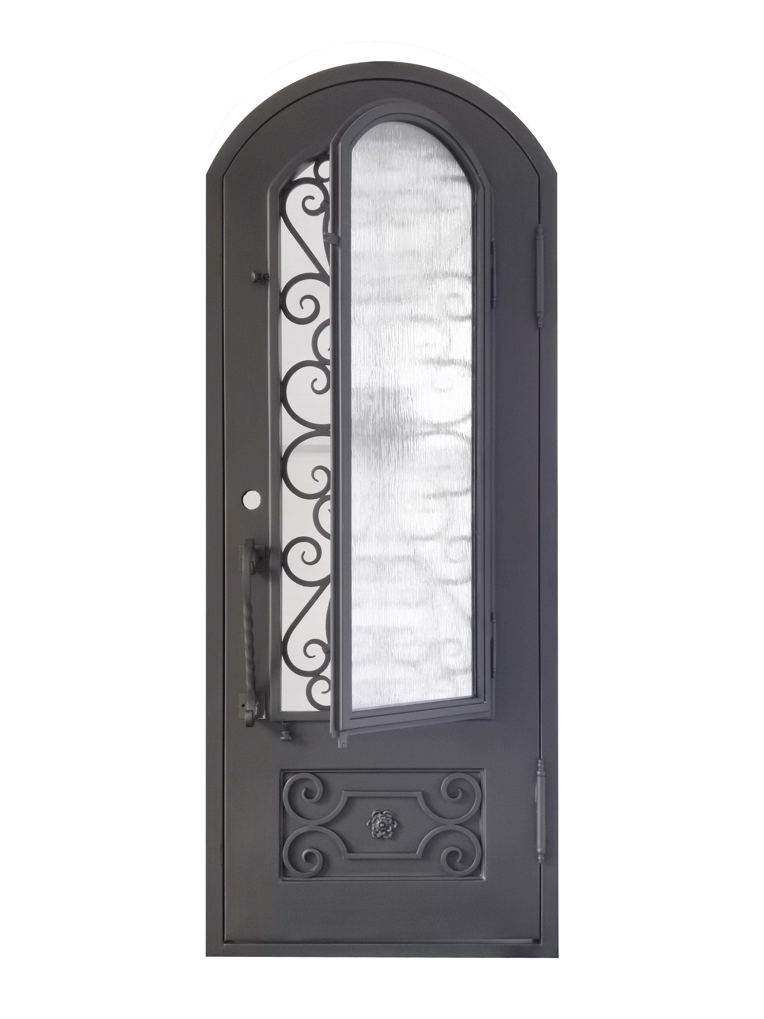 Princeton Model Pre Hung Single Front Entry Wrought Iron Door With Rain Glass Dark Bronze Finish