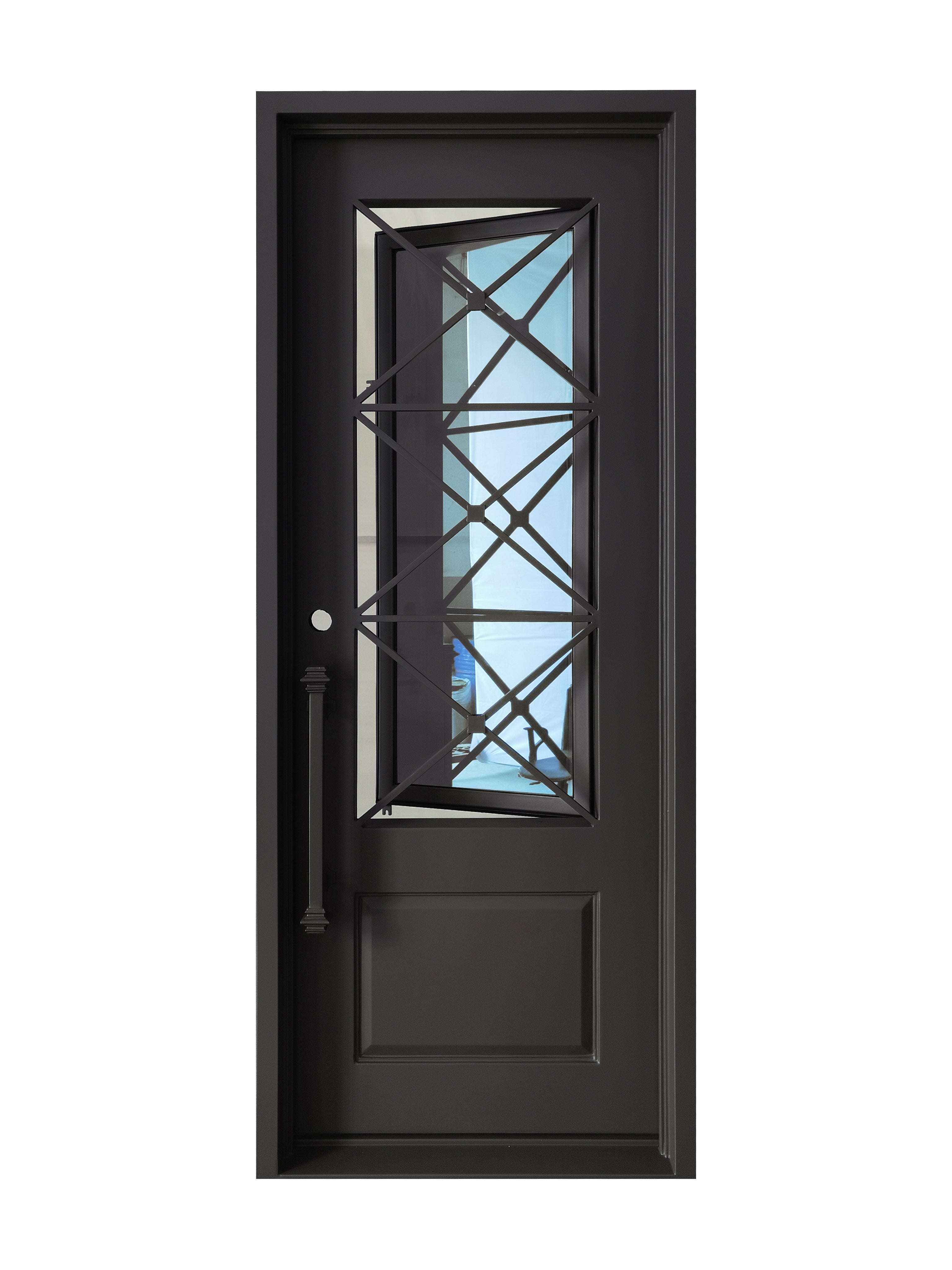 Rockport Model Pre Hung Single Front Entry Wrought Iron Door With Reflective Glass Matt Black Finish