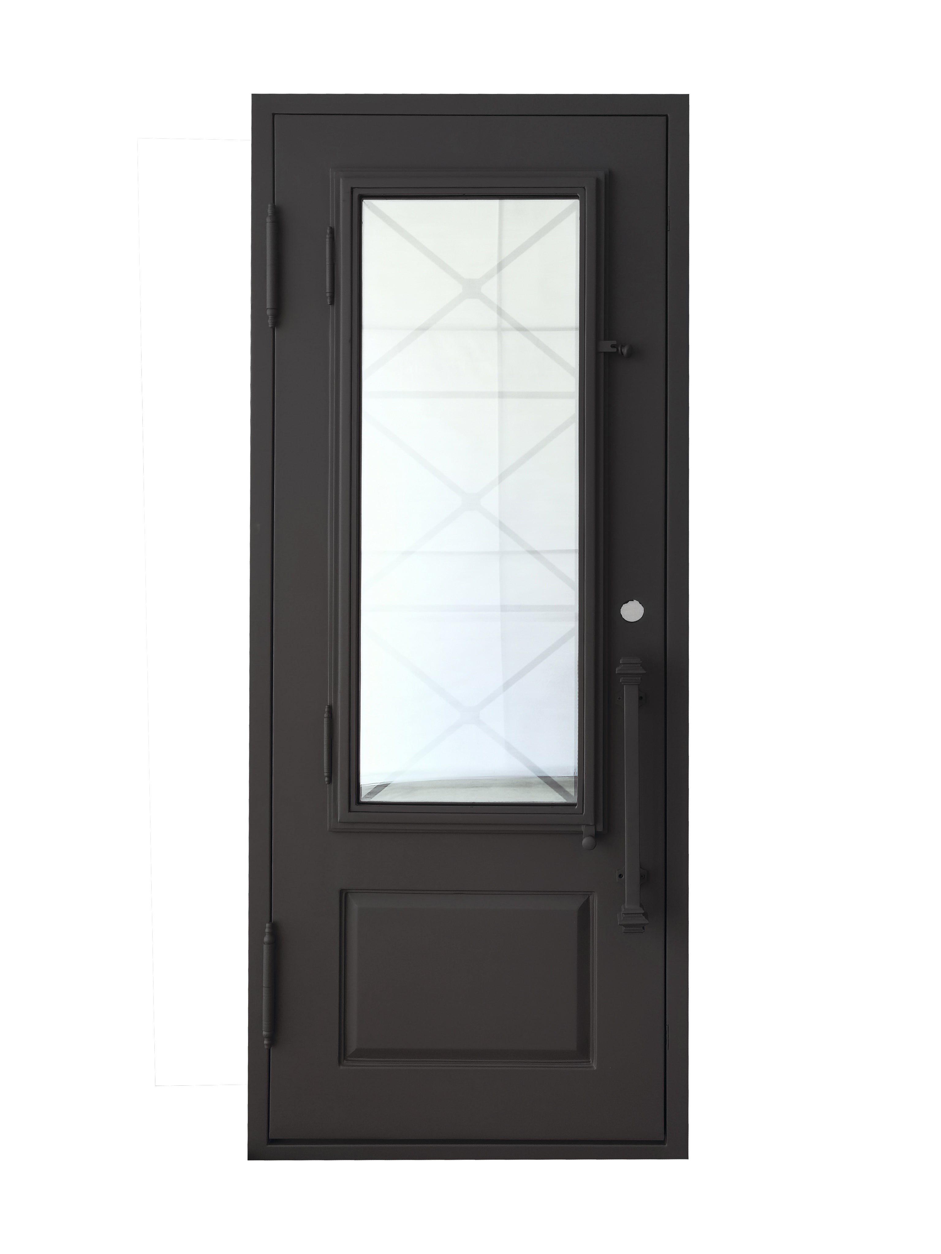 Rockport Model Pre Hung Single Front Entry Wrought Iron Door With Reflective Glass Matt Black Finish