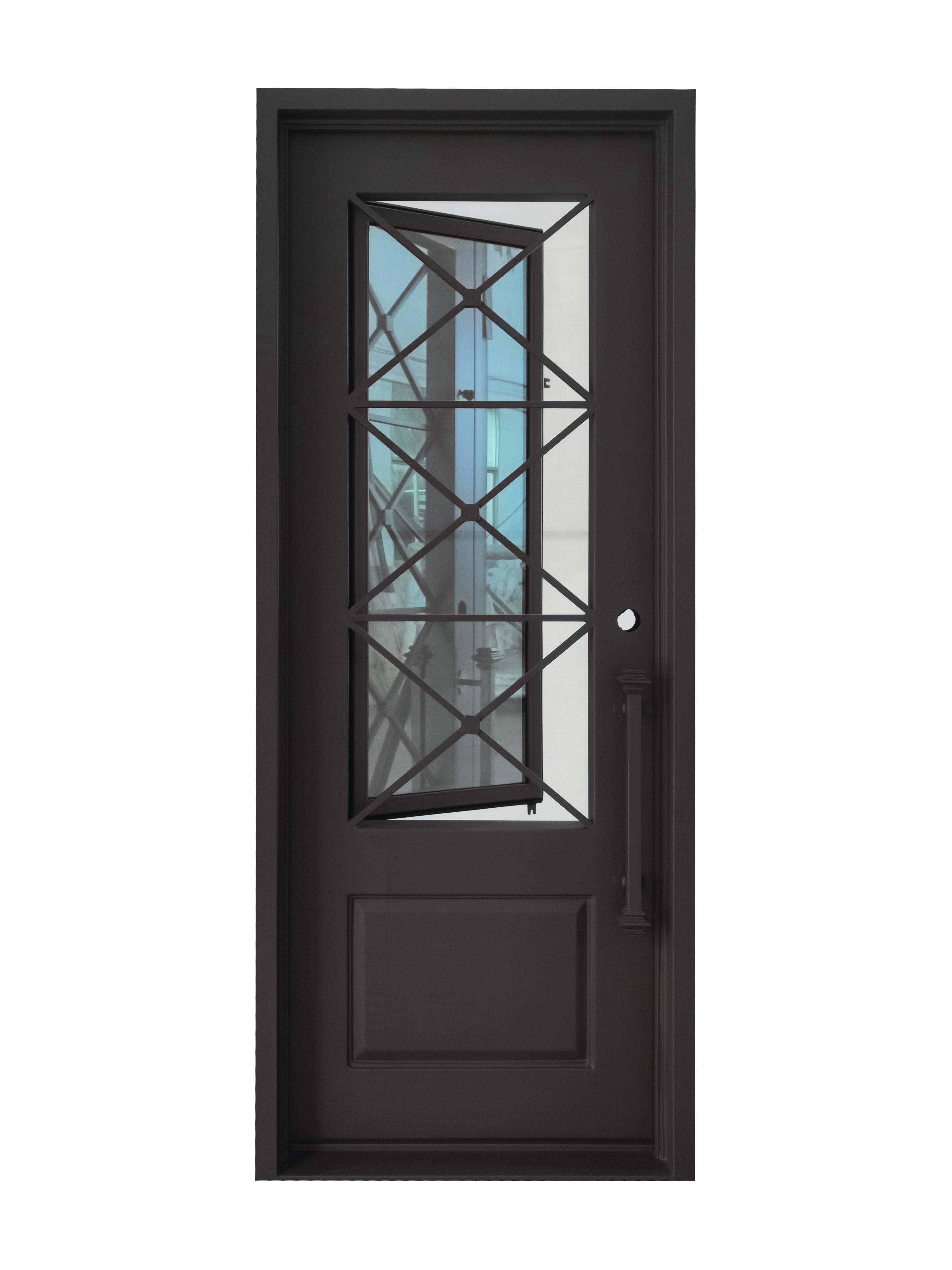 Rockport Model Pre Hung Single Front Entry Wrought Iron Door With Reflective Glass Matt Black Finish