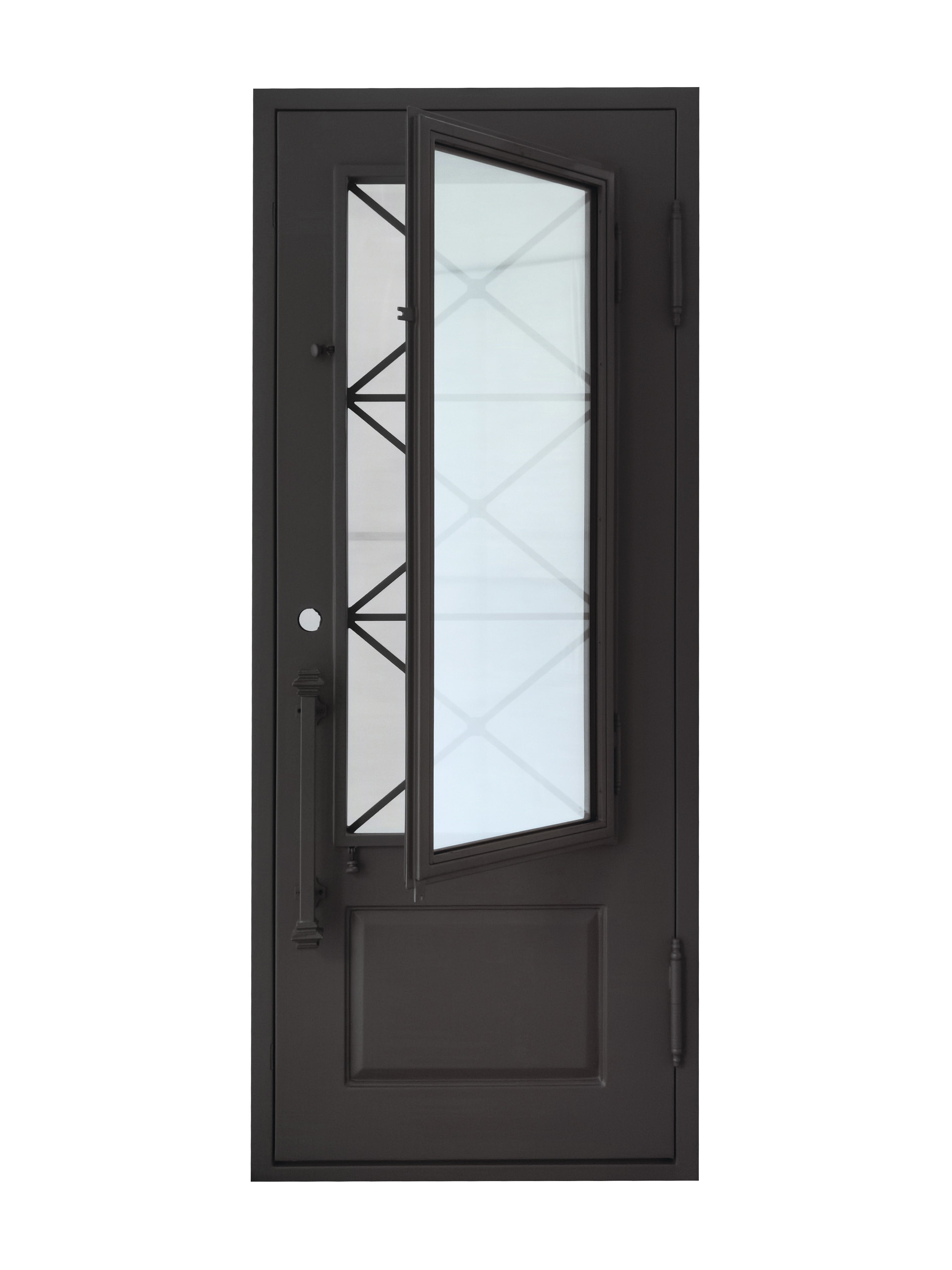 Rockport Model Pre Hung Single Front Entry Wrought Iron Door With Reflective Glass Matt Black Finish