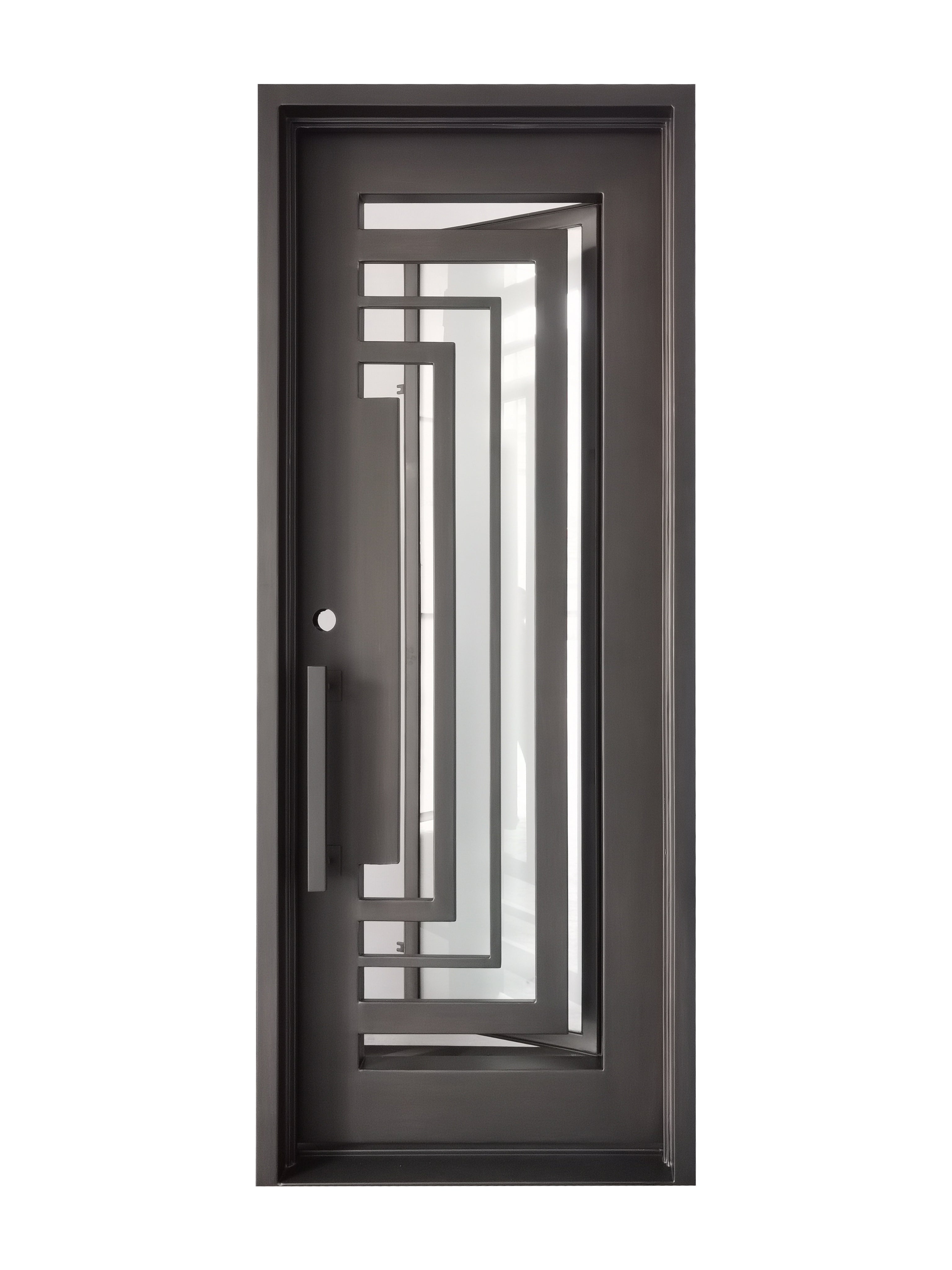 Bellaire Model Pre Hung Single Front Entry Wrought Iron Door With Frosted Glass Dark Bronze Finish