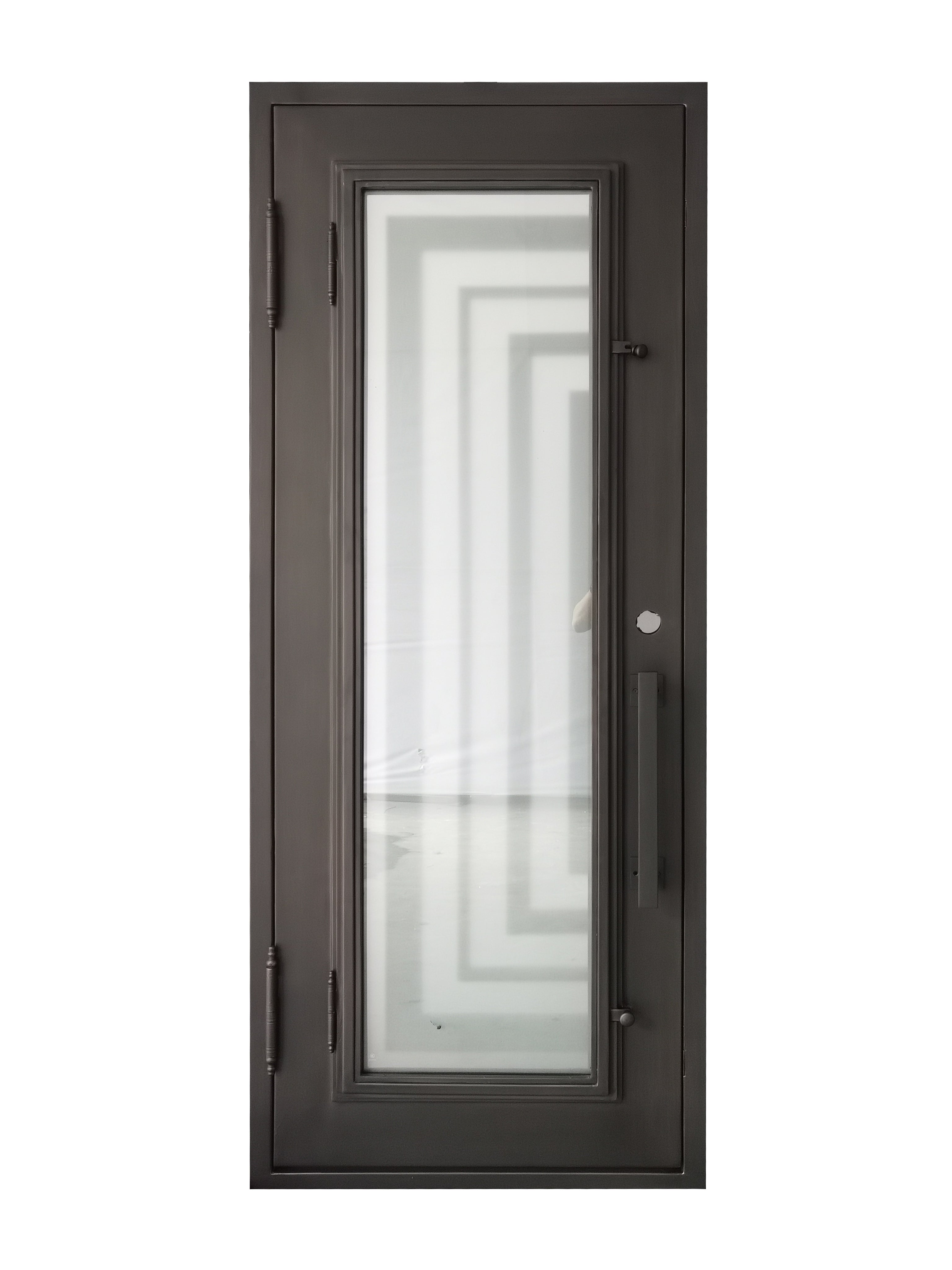 Bellaire Model Pre Hung Single Front Entry Wrought Iron Door With Frosted Glass Dark Bronze Finish