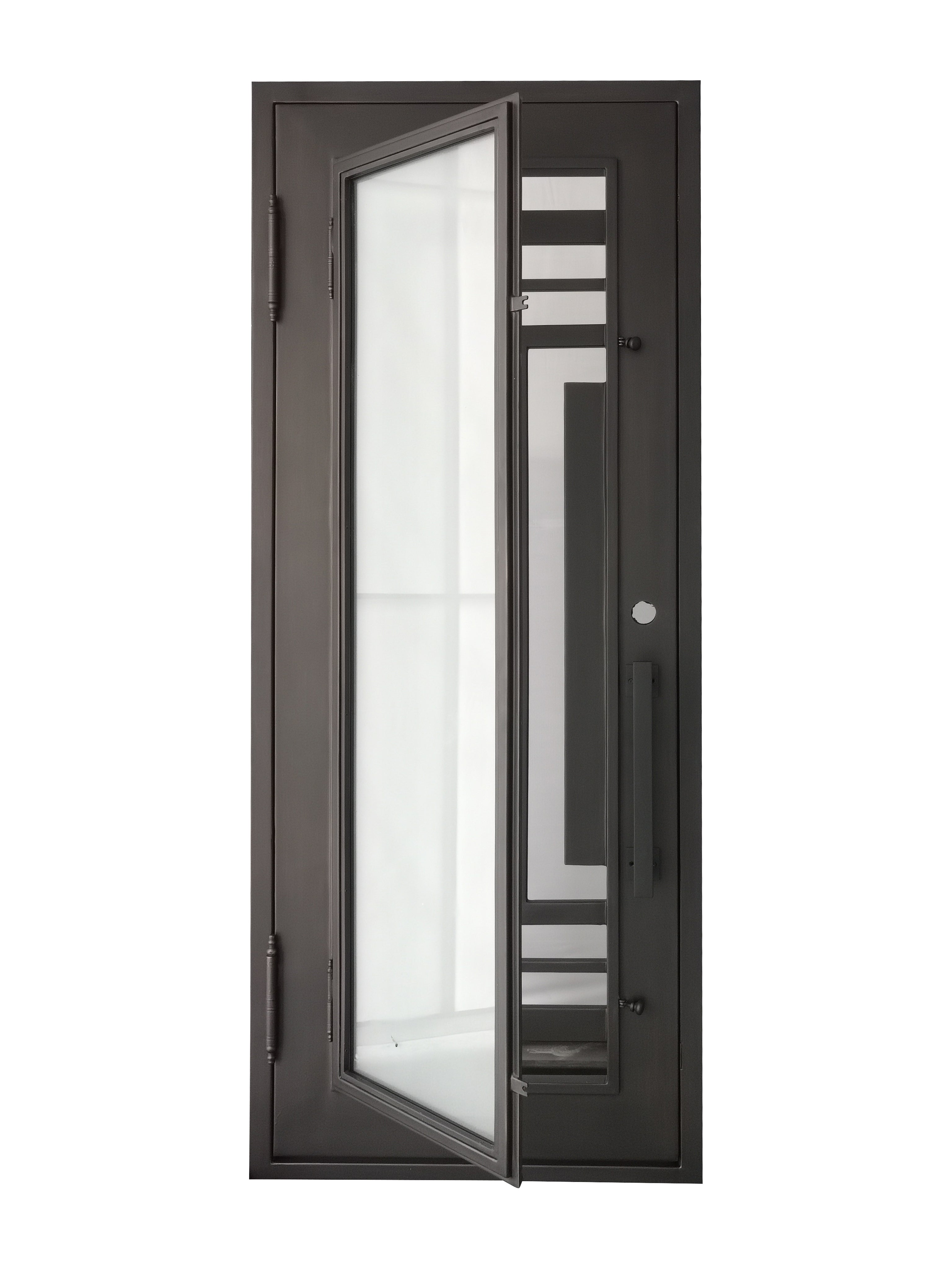 Bellaire Model Pre Hung Single Front Entry Wrought Iron Door With Frosted Glass Dark Bronze Finish
