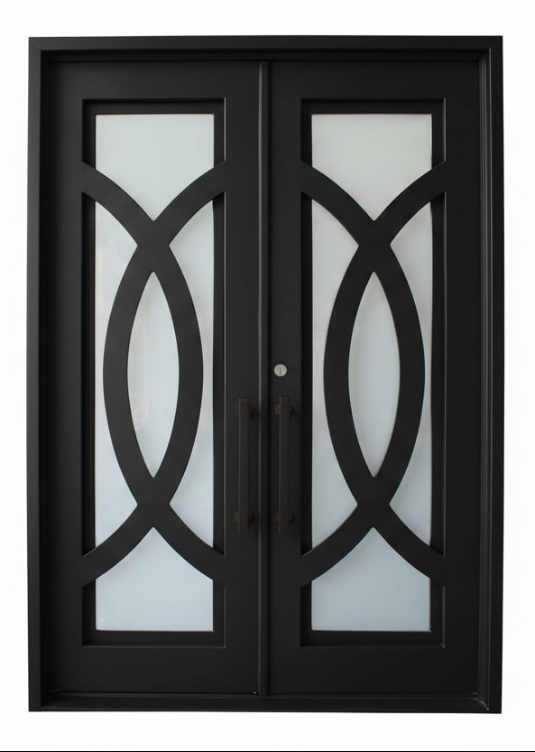 Bellevue Model Double Front Entry Iron Door With Tempered Frosted Glass Dark Bronze Finish - AAWAIZ IMPORTS