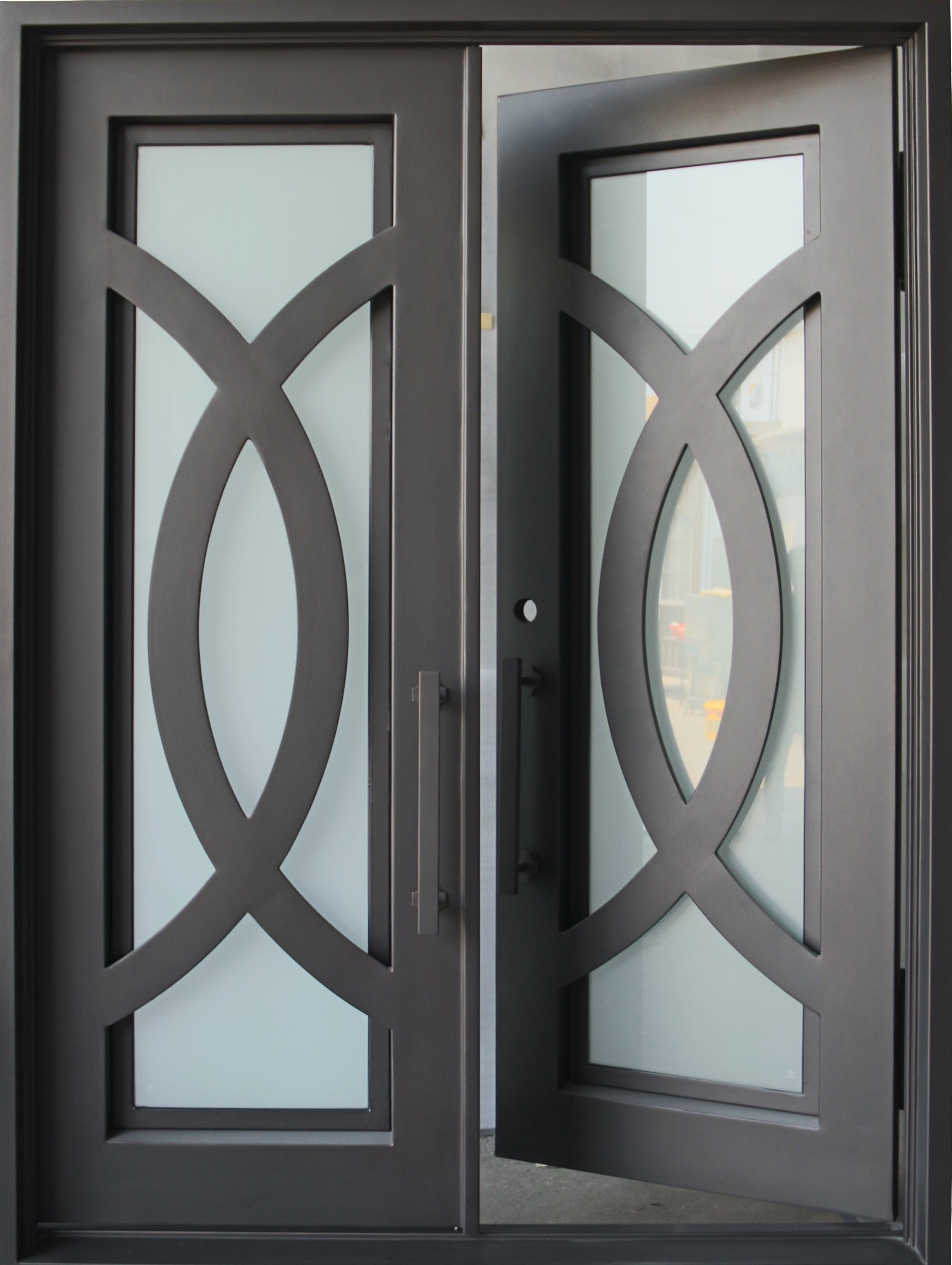 Bellevue Model Double Front Entry Iron Door With Tempered Frosted Glass Dark Bronze Finish - AAWAIZ IMPORTS
