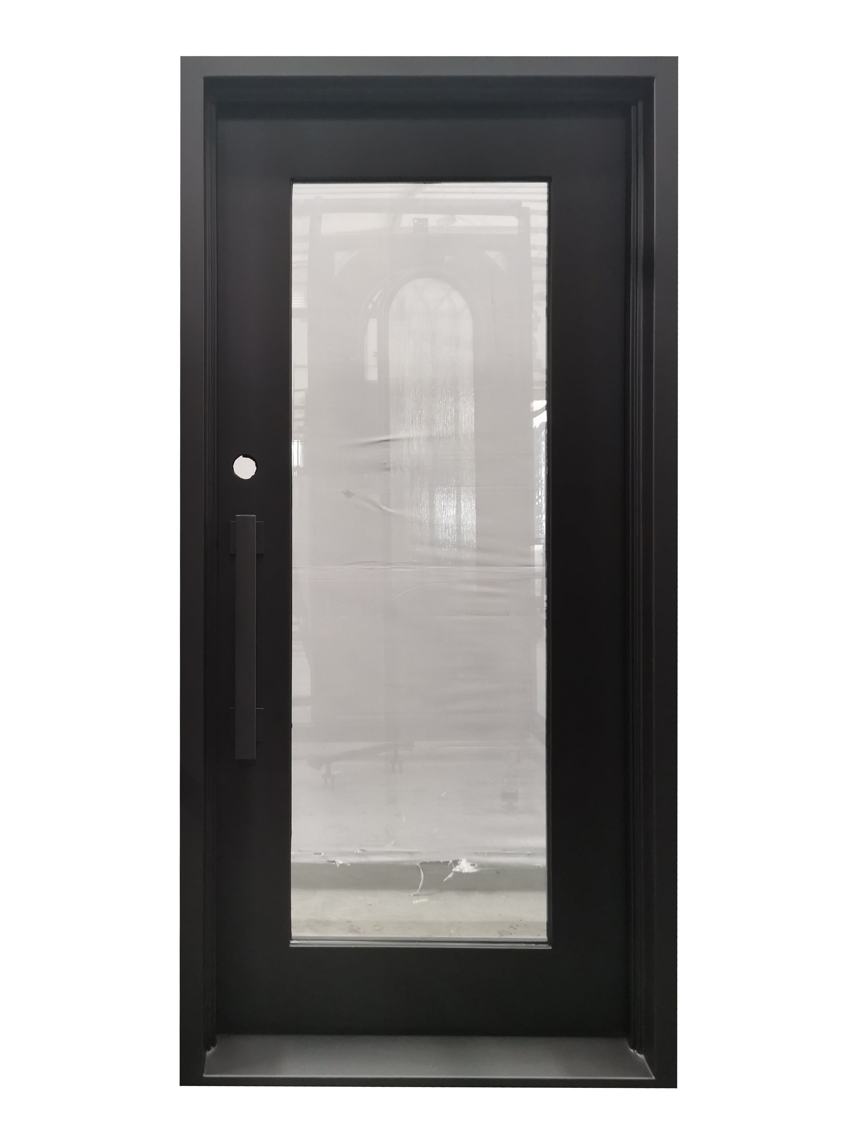 Acton Model Pre Hung Single Front Entry Wrought Iron Door With Clear Low E Glass