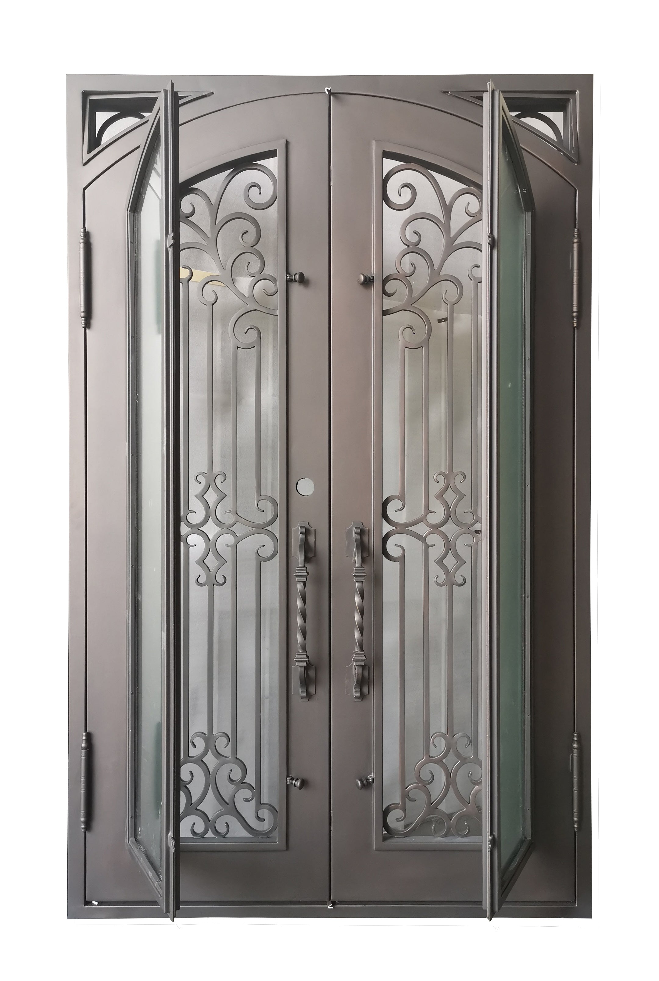 Hidalgo Model Double Front Entry Iron Door With Tempered Aqua Lite Glass Dark Bronze Finish - AAWAIZ IMPORTS