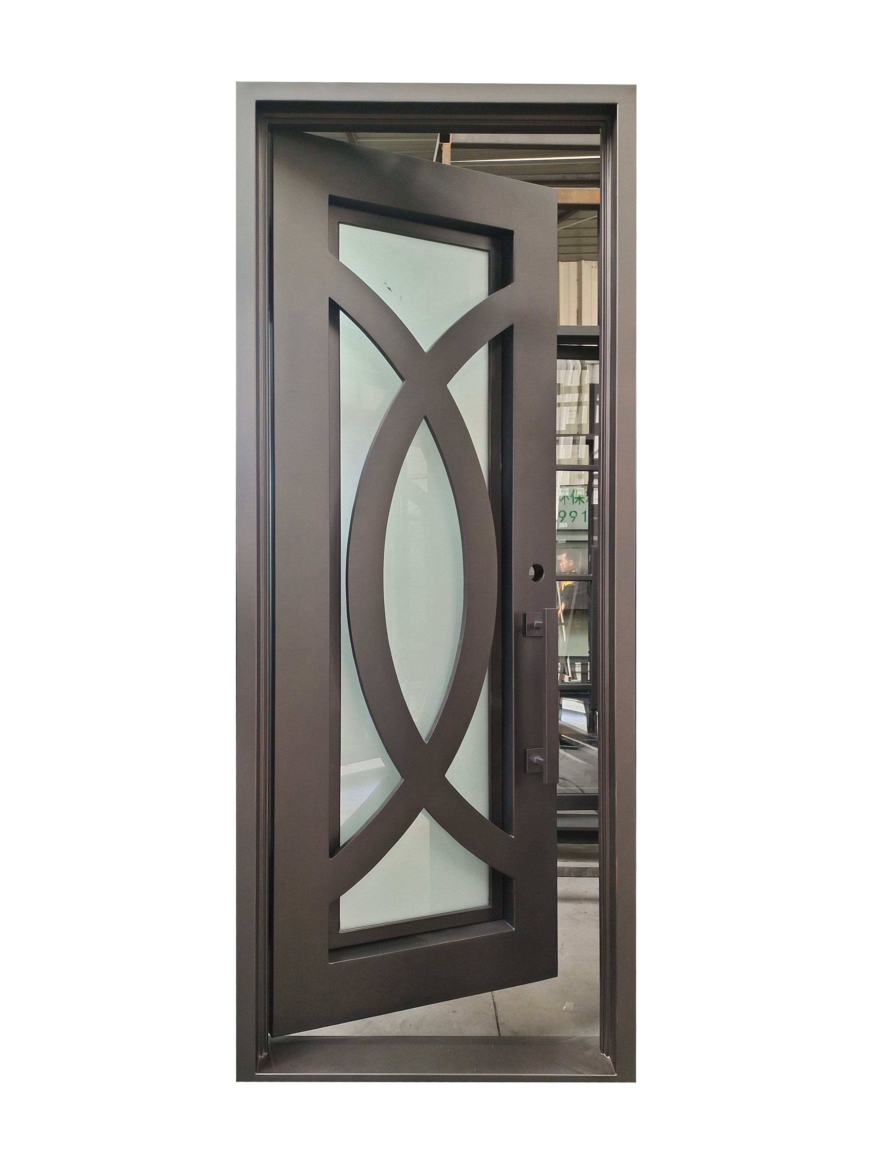 Bellevue Model Pre Hung Single Front Entry Wrought Iron Door With Frosted Glass Dark Bronze Finish