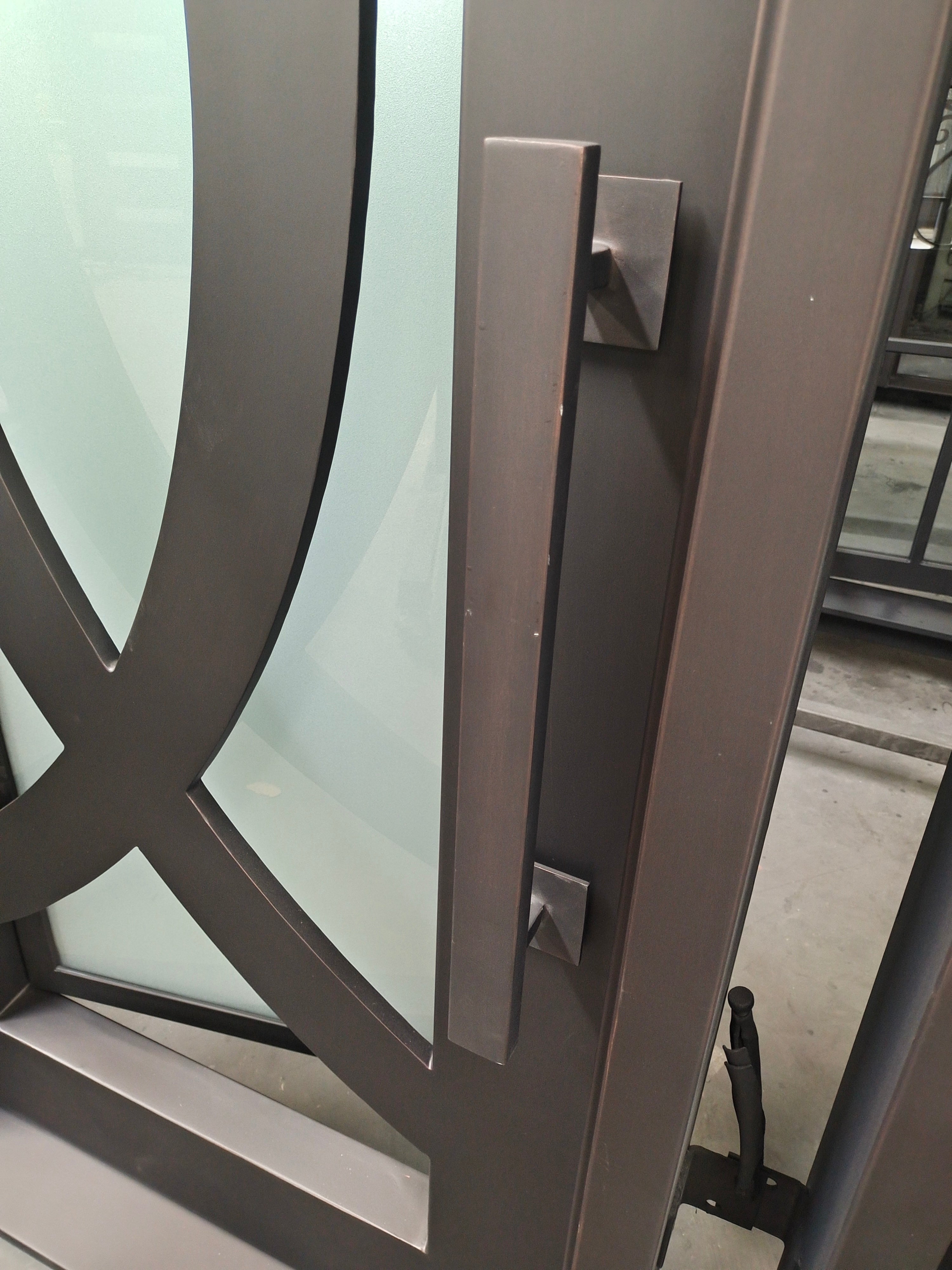 Bellevue Model Pre Hung Single Front Entry Wrought Iron Door With Frosted Glass Dark Bronze Finish