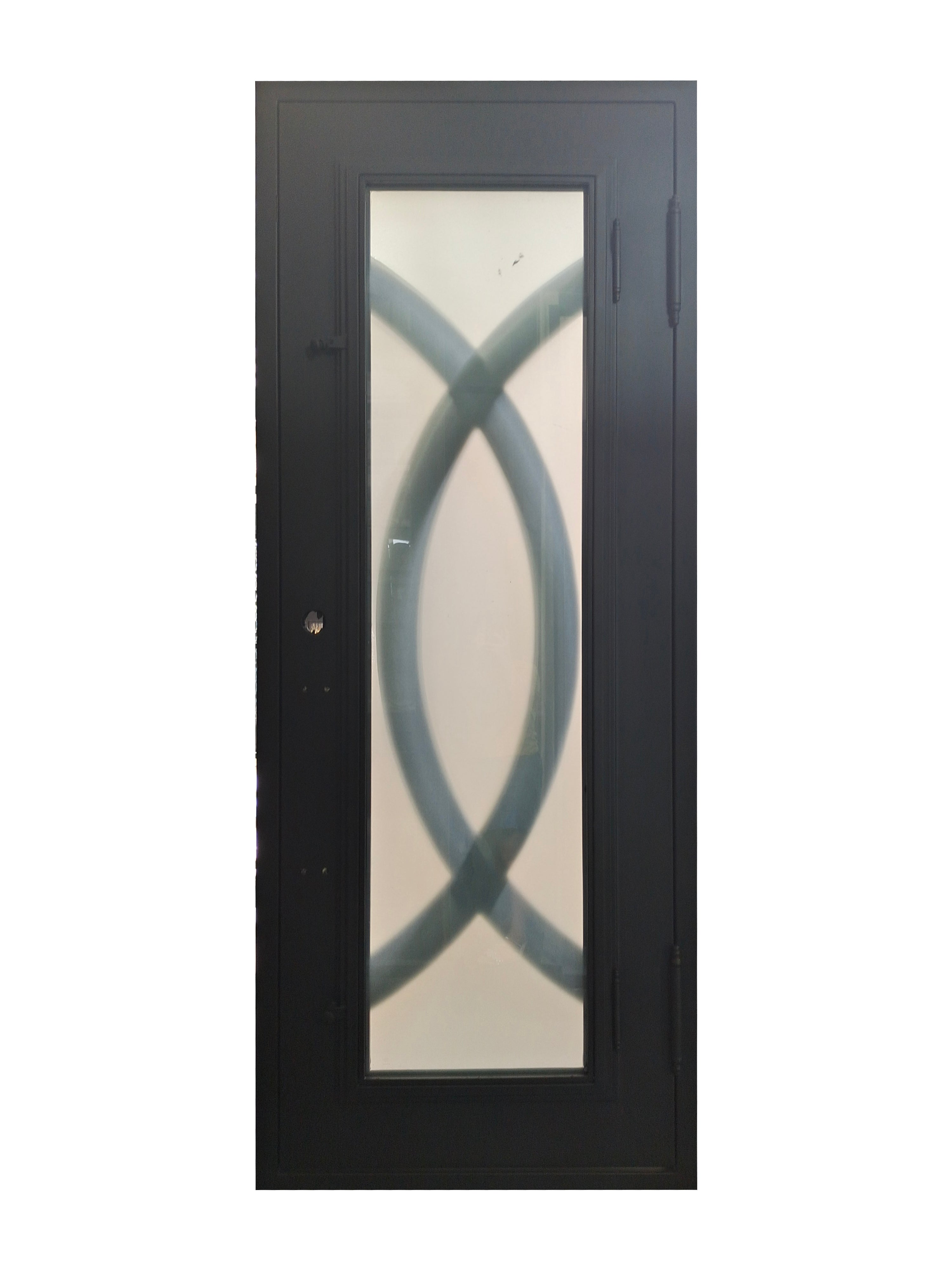 Bellevue Model Pre Hung Single Front Entry Wrought Iron Door With Frosted Glass Dark Bronze Finish