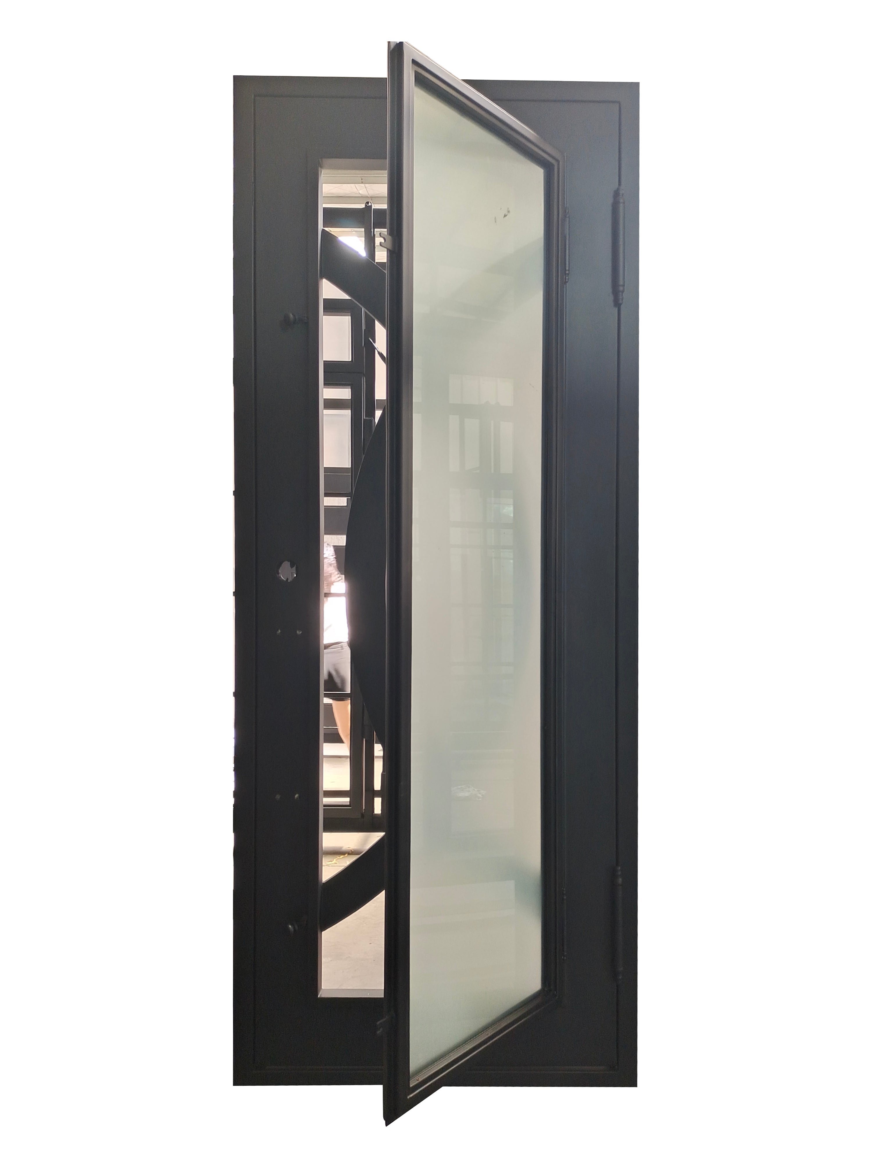 Bellevue Model Pre Hung Single Front Entry Wrought Iron Door With Frosted Glass Dark Bronze Finish