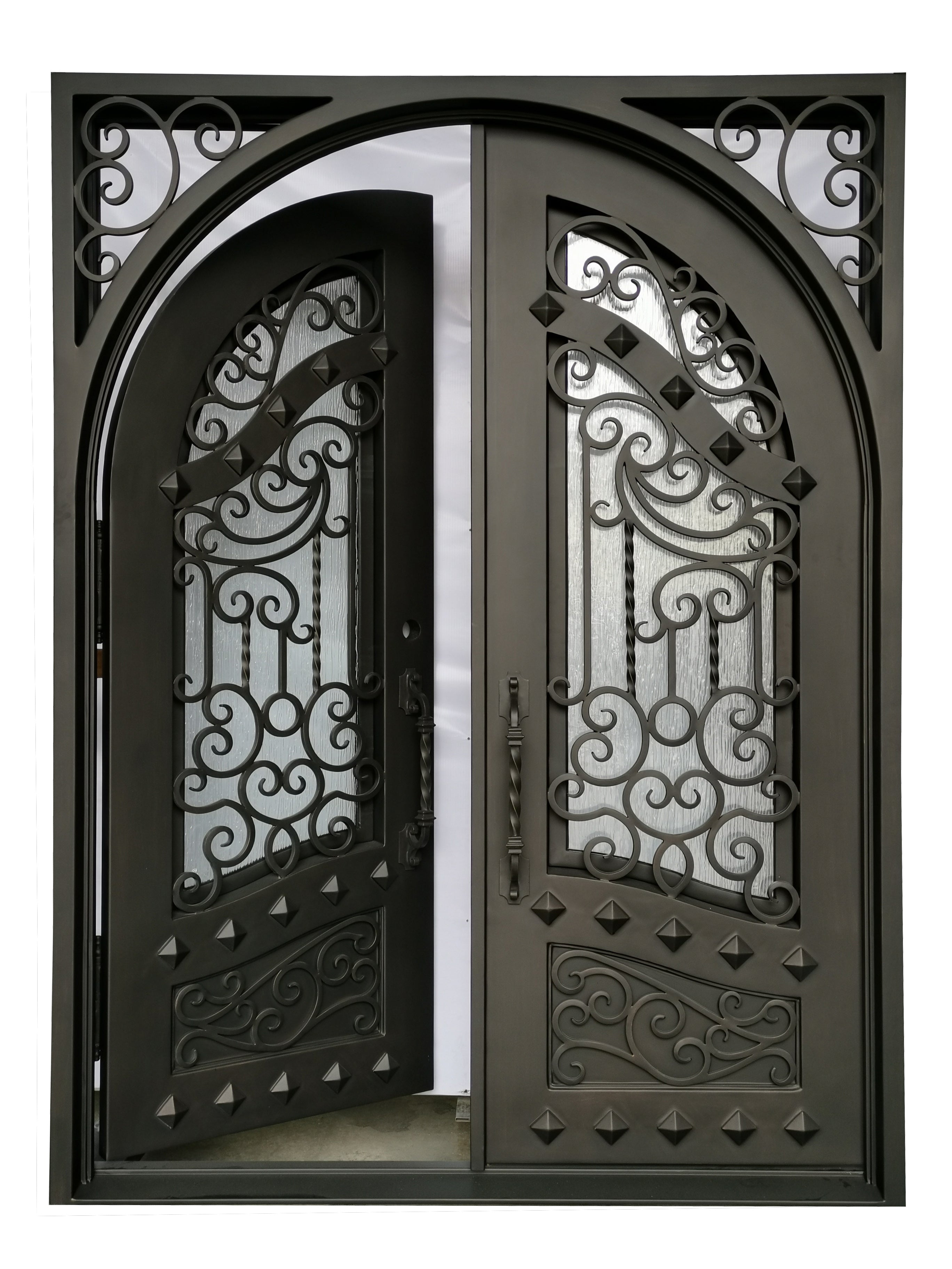 Canton Model Double Front Entry Iron Door With Tempered Rain Glass Dark Bronze Finish - AAWAIZ IMPORTS
