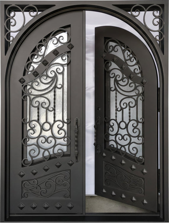 Canton Model Double Front Entry Iron Door With Tempered Rain Glass Dark Bronze Finish - AAWAIZ IMPORTS