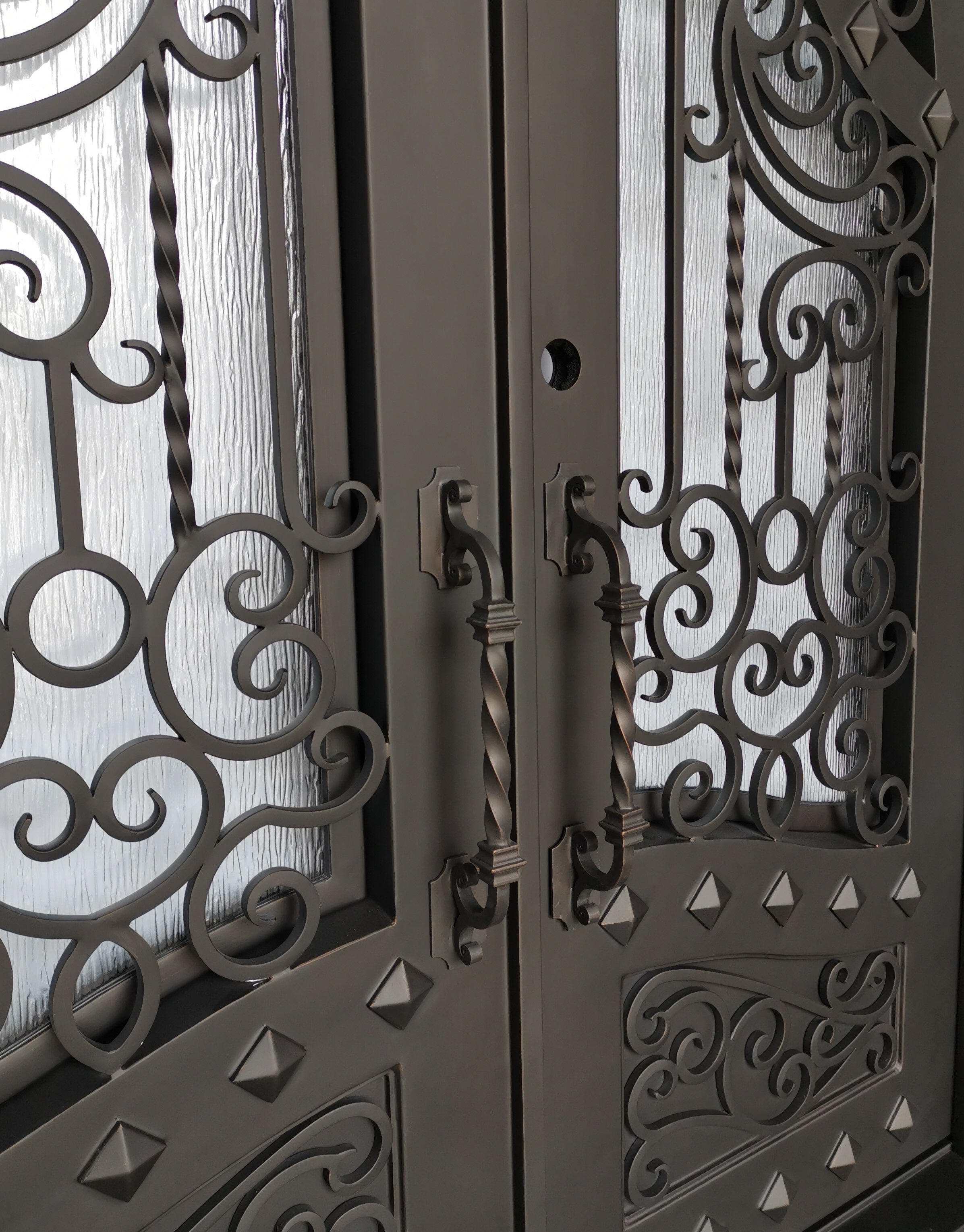 Canton Model Double Front Entry Iron Door With Tempered Rain Glass Dark Bronze Finish - AAWAIZ IMPORTS