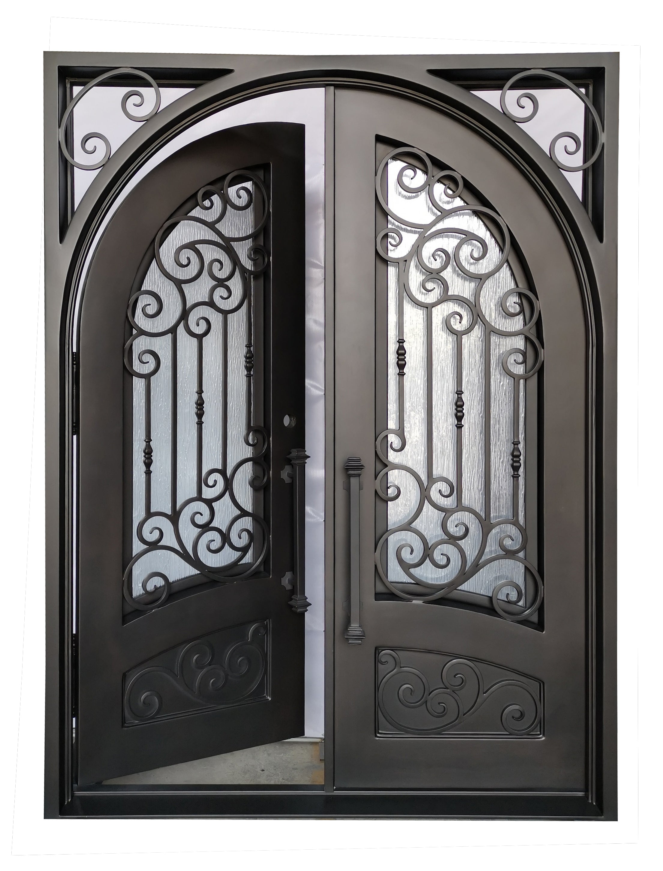Conroe Model Double Front Entry Iron Door With Tempered Rain Glass Dark Bronze Finish - AAWAIZ IMPORTS