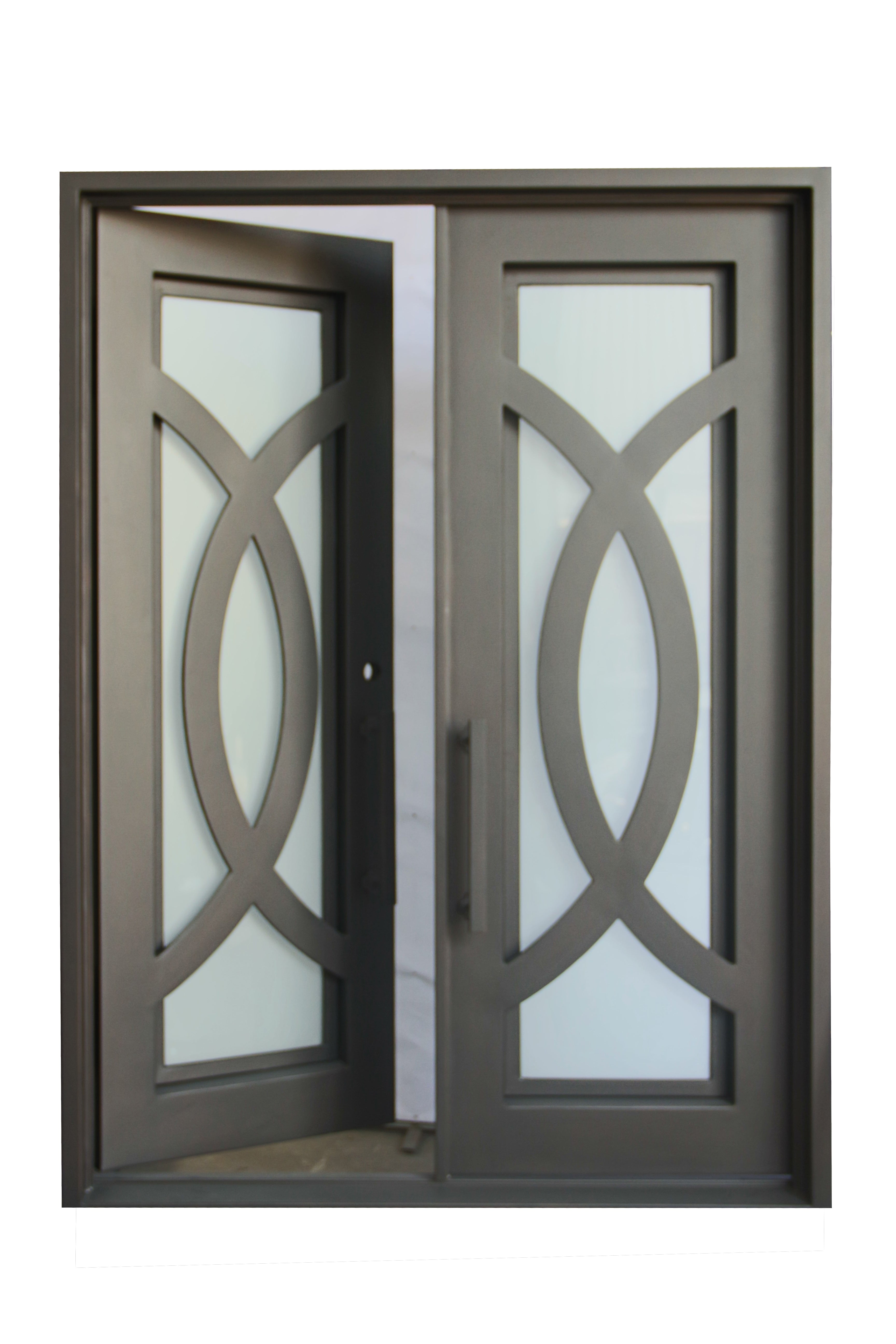 Bellevue Model Double Front Entry Iron Door With Tempered Frosted Glass Dark Bronze Finish - AAWAIZ IMPORTS