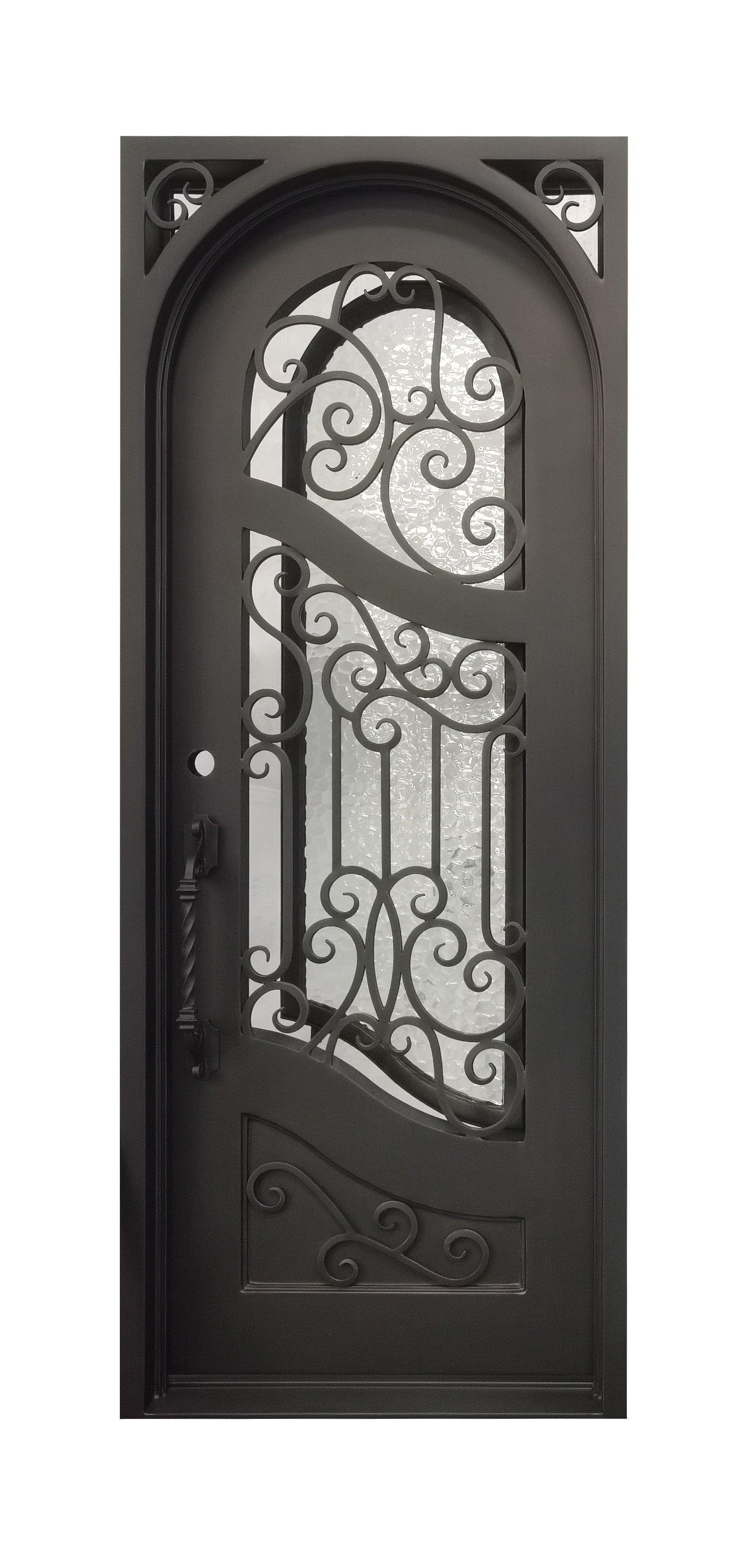 Calvert Model Pre Hung Single Front Entry Wrought Iron Door With Rain Glass Dark Bronze Finish