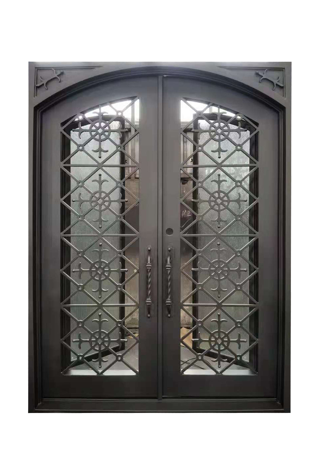 Clifton Model Double Front Entry Iron Door With Tempered Water Cube Glass Dark Bronze Finish