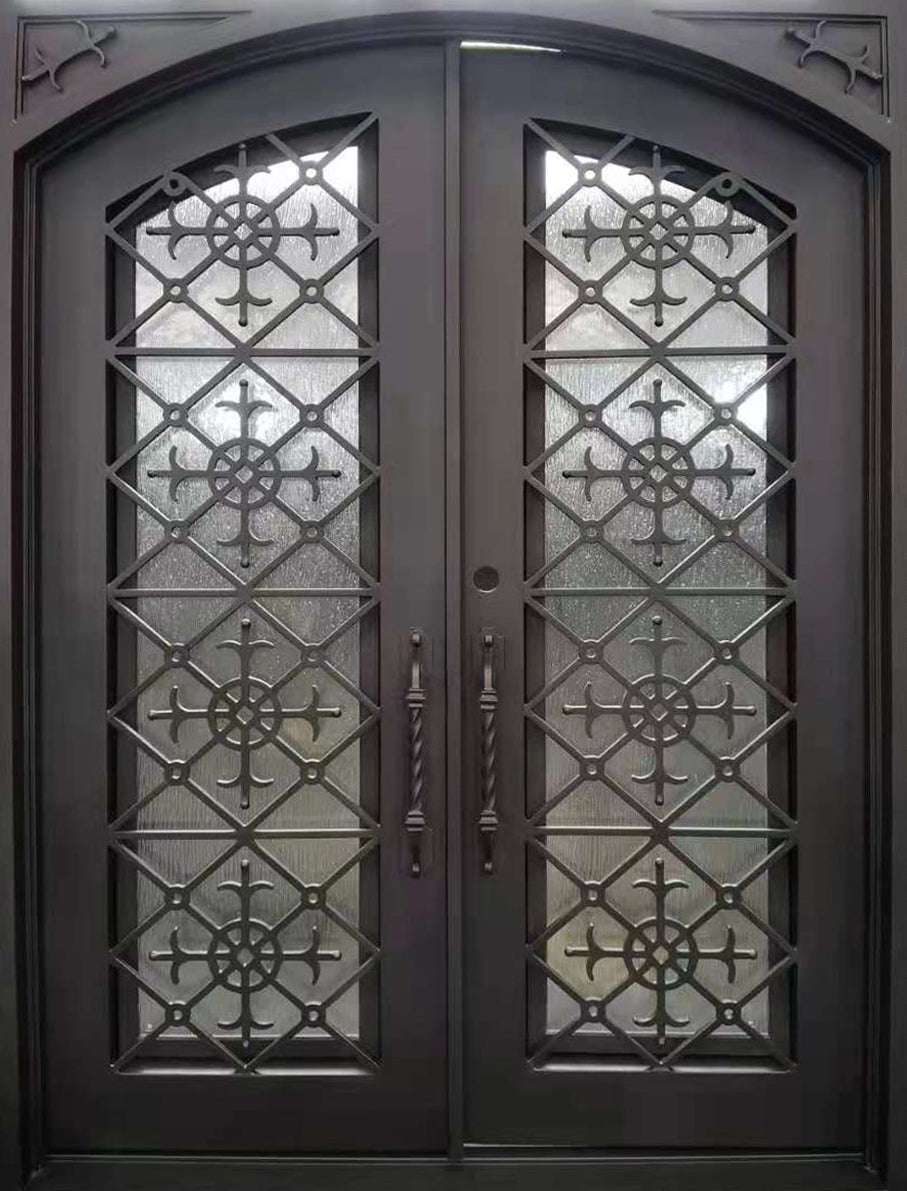 Clifton Model Double Front Entry Iron Door With Tempered Water Cube Glass Dark Bronze Finish
