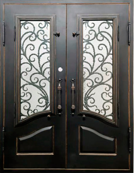 Katy Model Thermal Break Double Front Entry Iron Door With Tempered Rain Glass Matt Black Finish With Copper Accen (Copy)ts