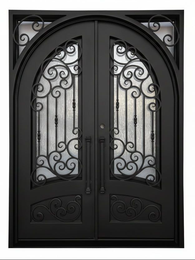 Conroe Model Double Front Entry Iron Door With Tempered Rain Glass Dark Bronze Finish - AAWAIZ IMPORTS