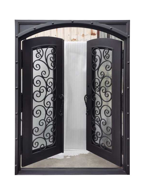 Hudson Model Double Front Entry Iron Door With Tempered Rain Glass Dark Bronze Finish - AAWAIZ IMPORTS