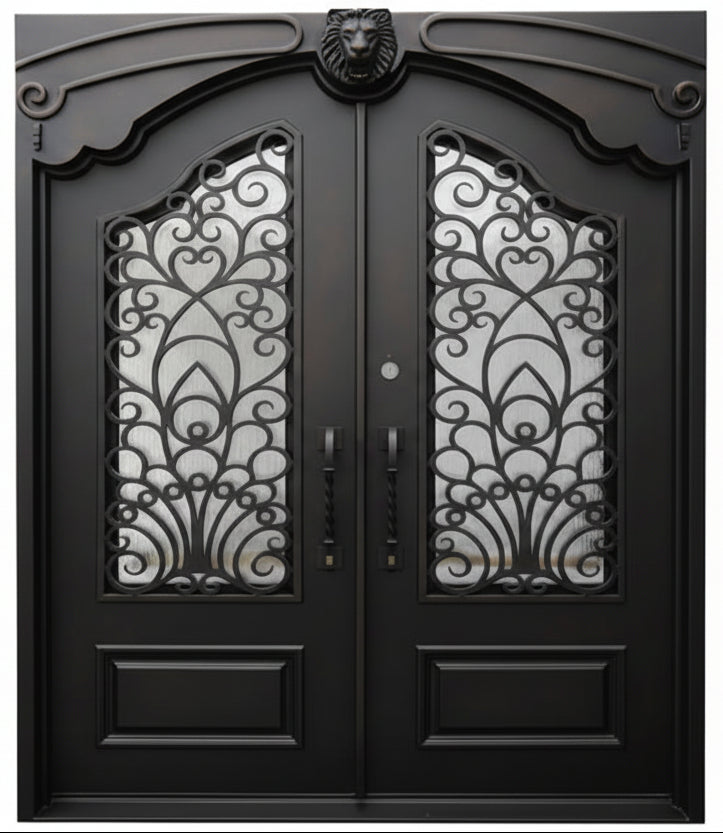 Parker Model Double Front Entry Iron Door With Tempered Rain Glass Dark Bronze Finish - AAWAIZ IMPORTS
