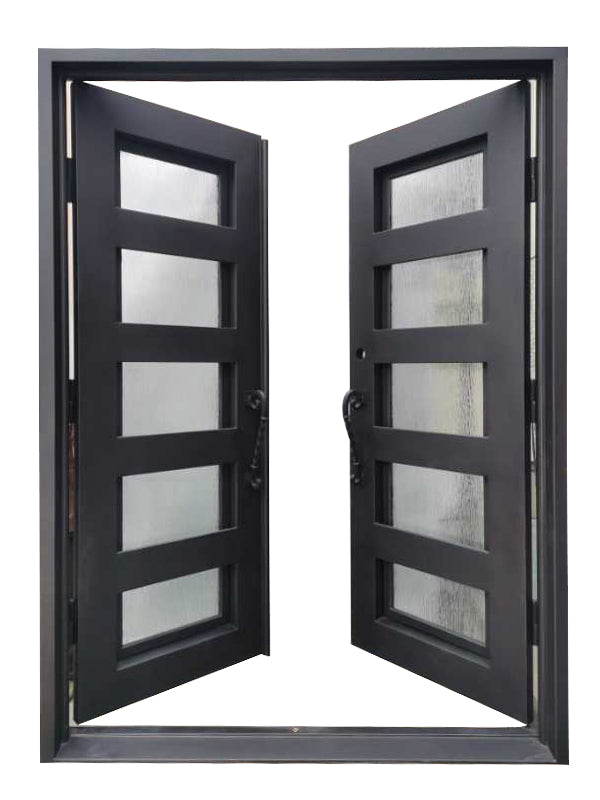 Reno Model Double Front Entry Iron Door With Tempered Rain Glass Dark Bronze Finish - AAWAIZ IMPORTS