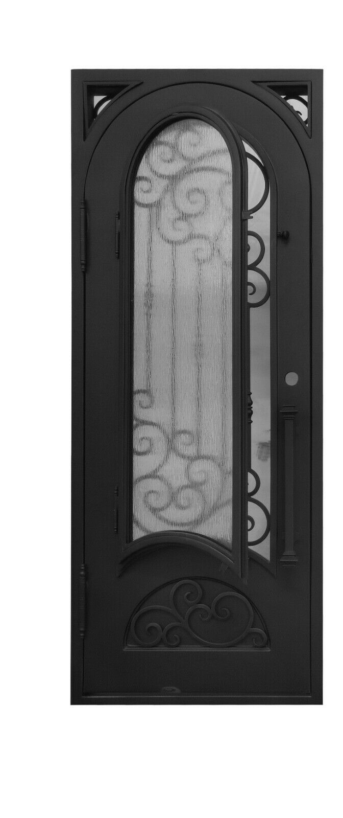 Conroe Model Pre Hung Single Front Entry Wrought Iron Door With Rain Glass Dark Bronze Finish
