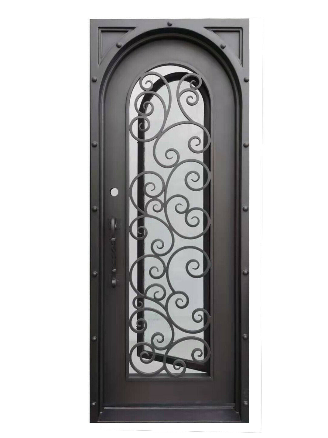 Hudson Model Pre Hung Single Front Entry Wrought Iron Door With Rain Glass Dark Bronze Finish