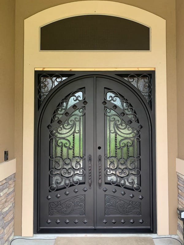 Canton Model  Double Front Entry Iron Door With Tempered Rain Glass Dark Bronze Finish