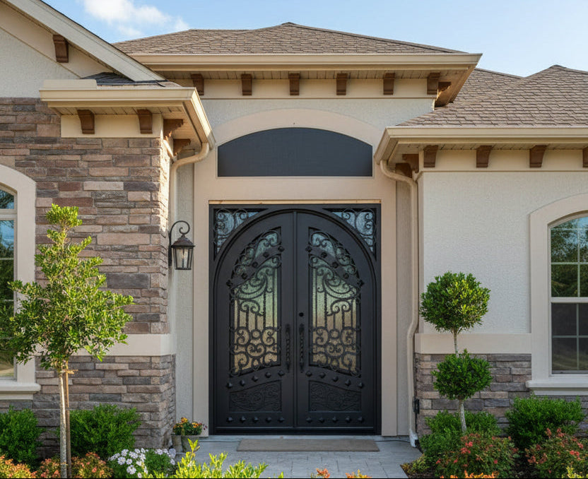 Canton Model  Double Front Entry Iron Door With Tempered Rain Glass Dark Bronze Finish
